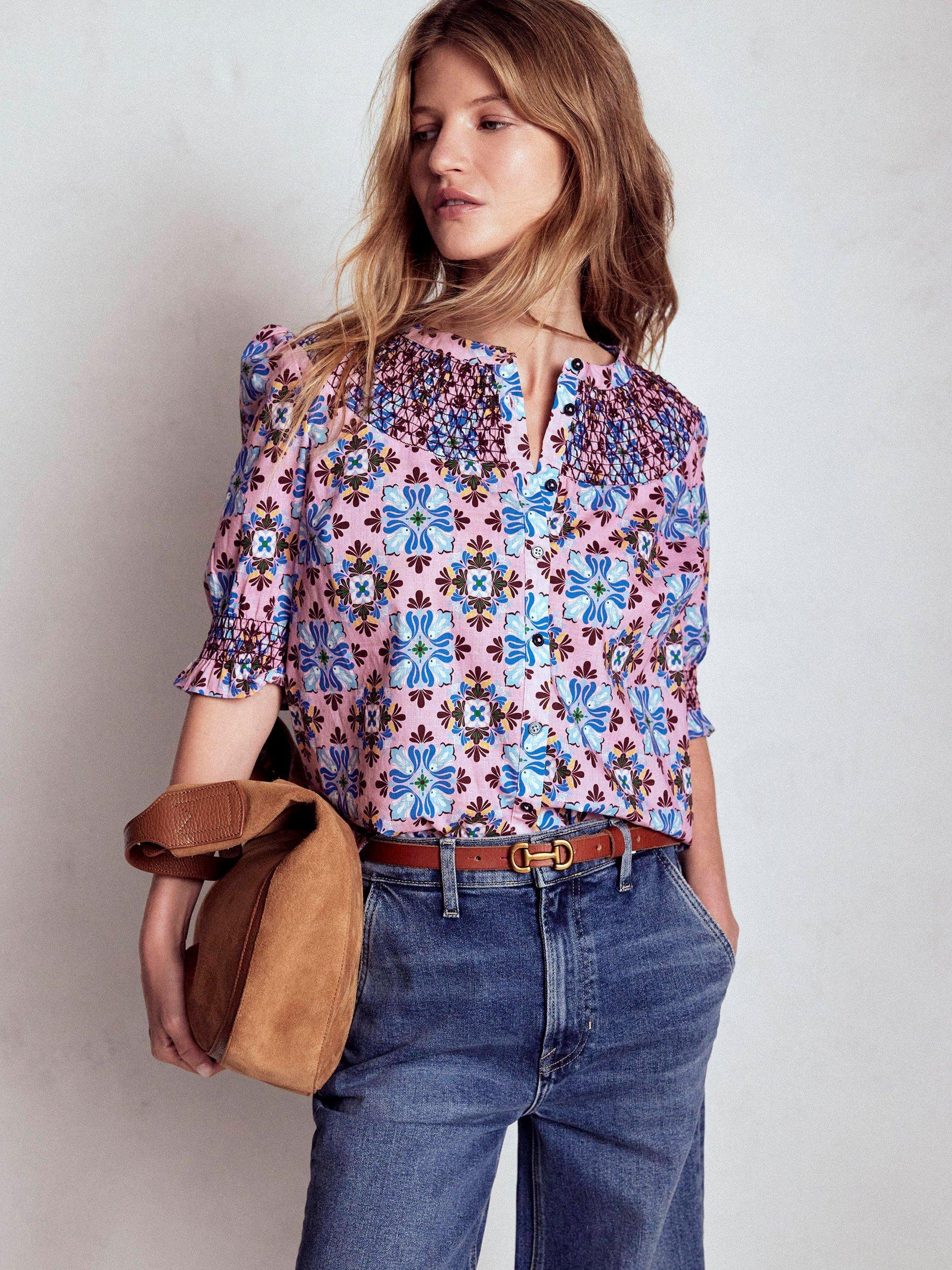 Product image 1 of 6, which shows Boden Effie Floral Short Sleeve Top, Pink/Multi, 10