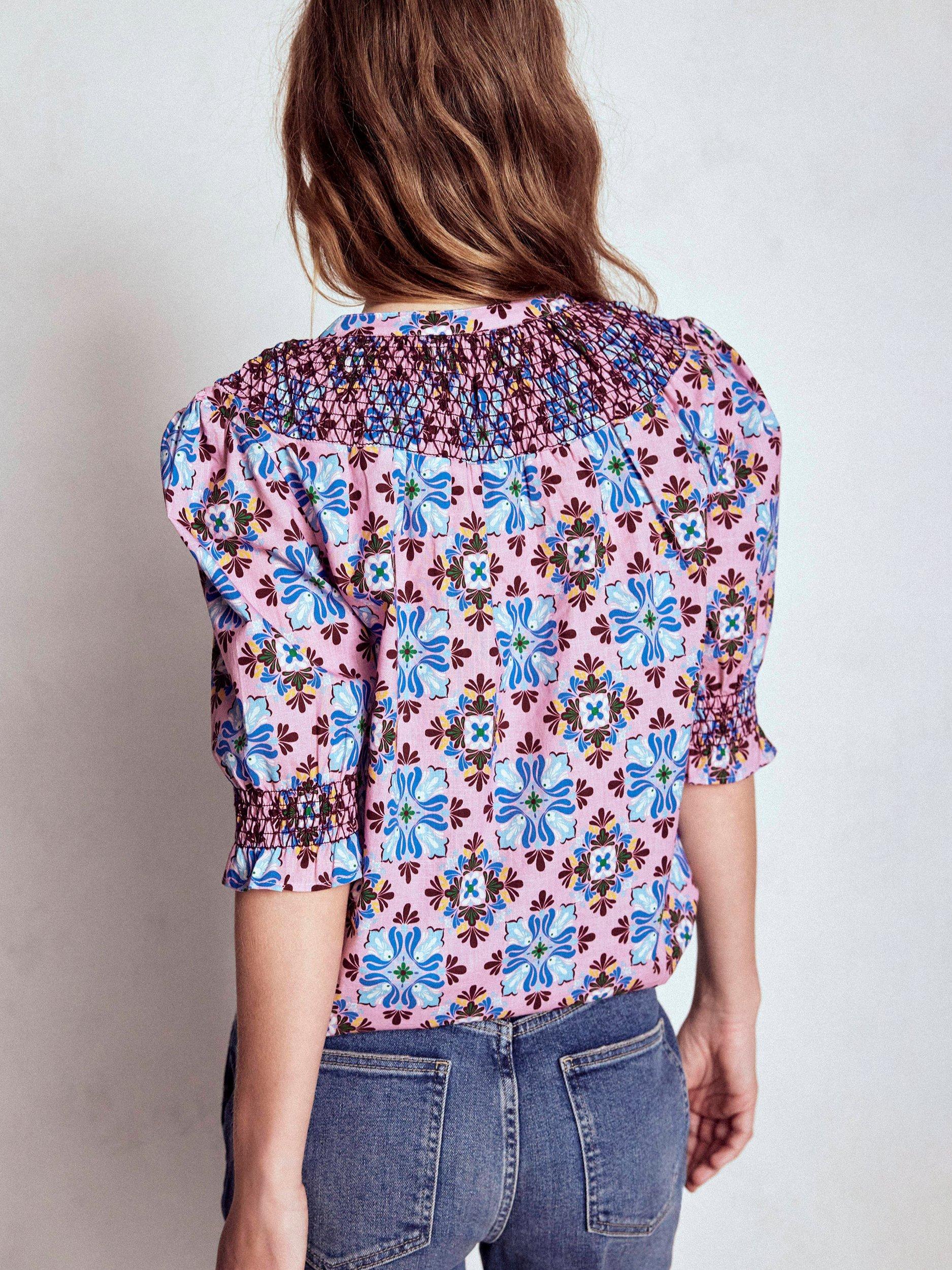Product image 3 of 6, which shows Boden Effie Floral Short Sleeve Top, Pink/Multi, 10