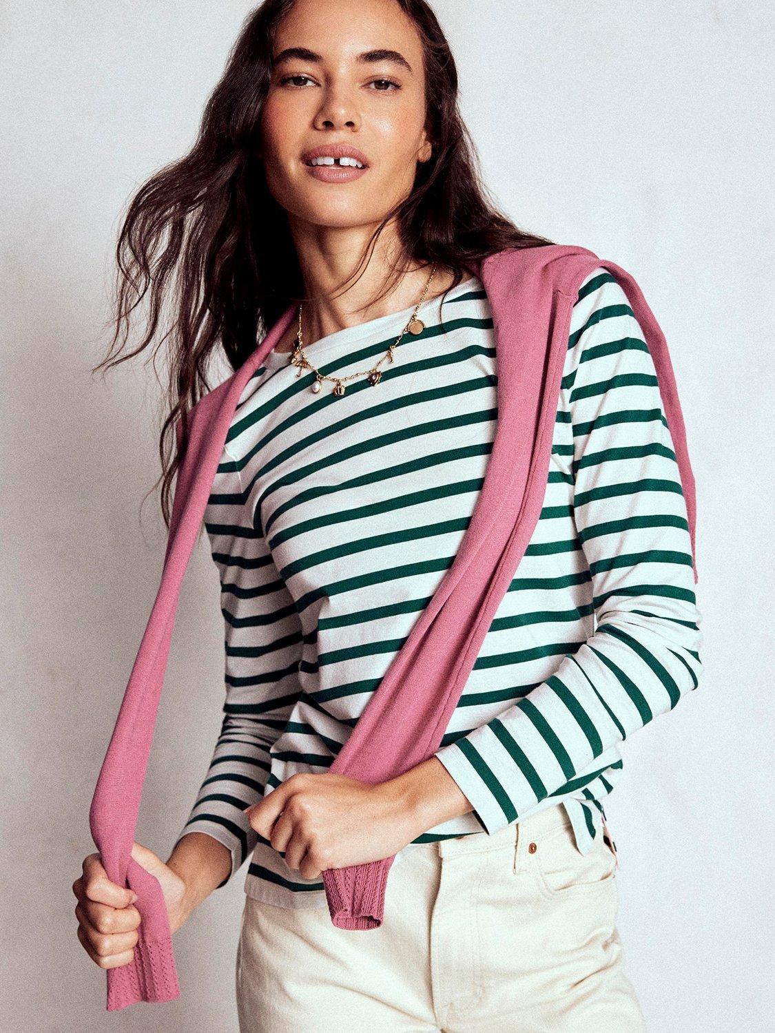 Product image 3 of 4, which shows Boden Olivia Breton Stripe Top, Emerald Night/Multi, 8