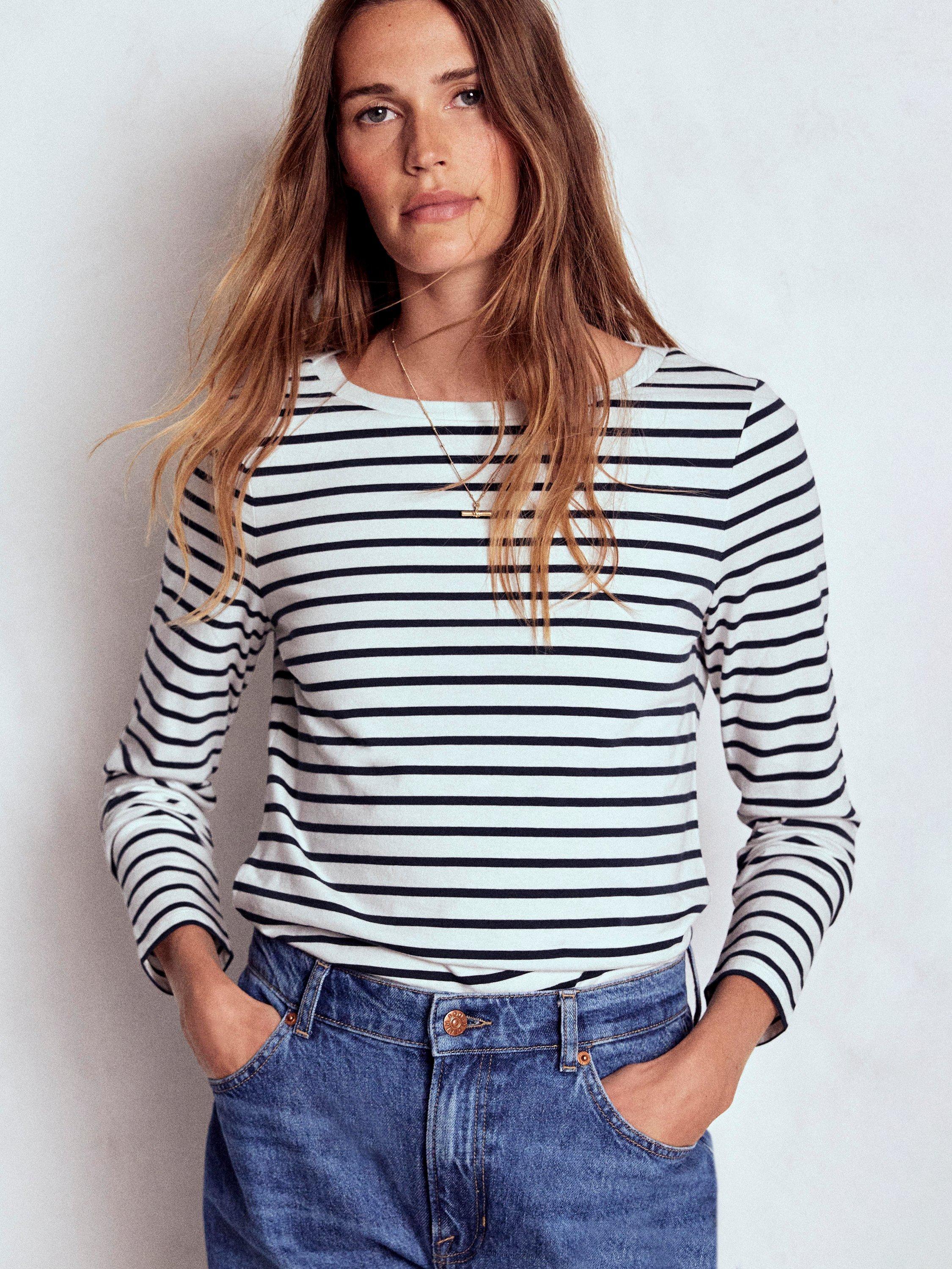 Product image 1 of 6, which shows Boden Olivia Breton Stripe Top, Ivory/Navy, 8