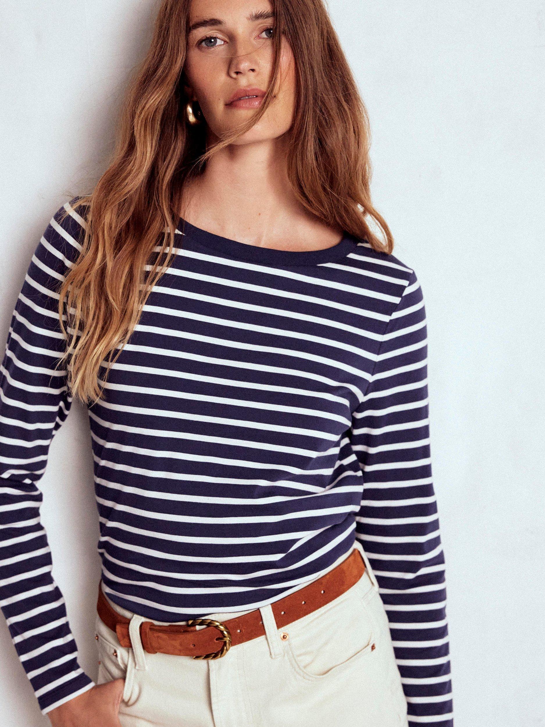 Product image 1 of 5, which shows Boden Olivia Breton Stripe Top, Navy/Ivory, 8