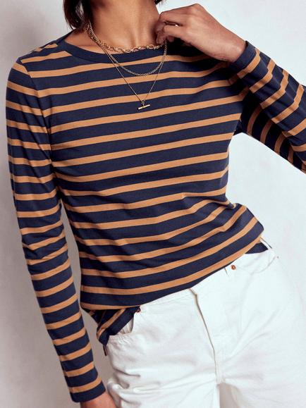 Boden Olivia Breton Stripe Top, Navy/Camel