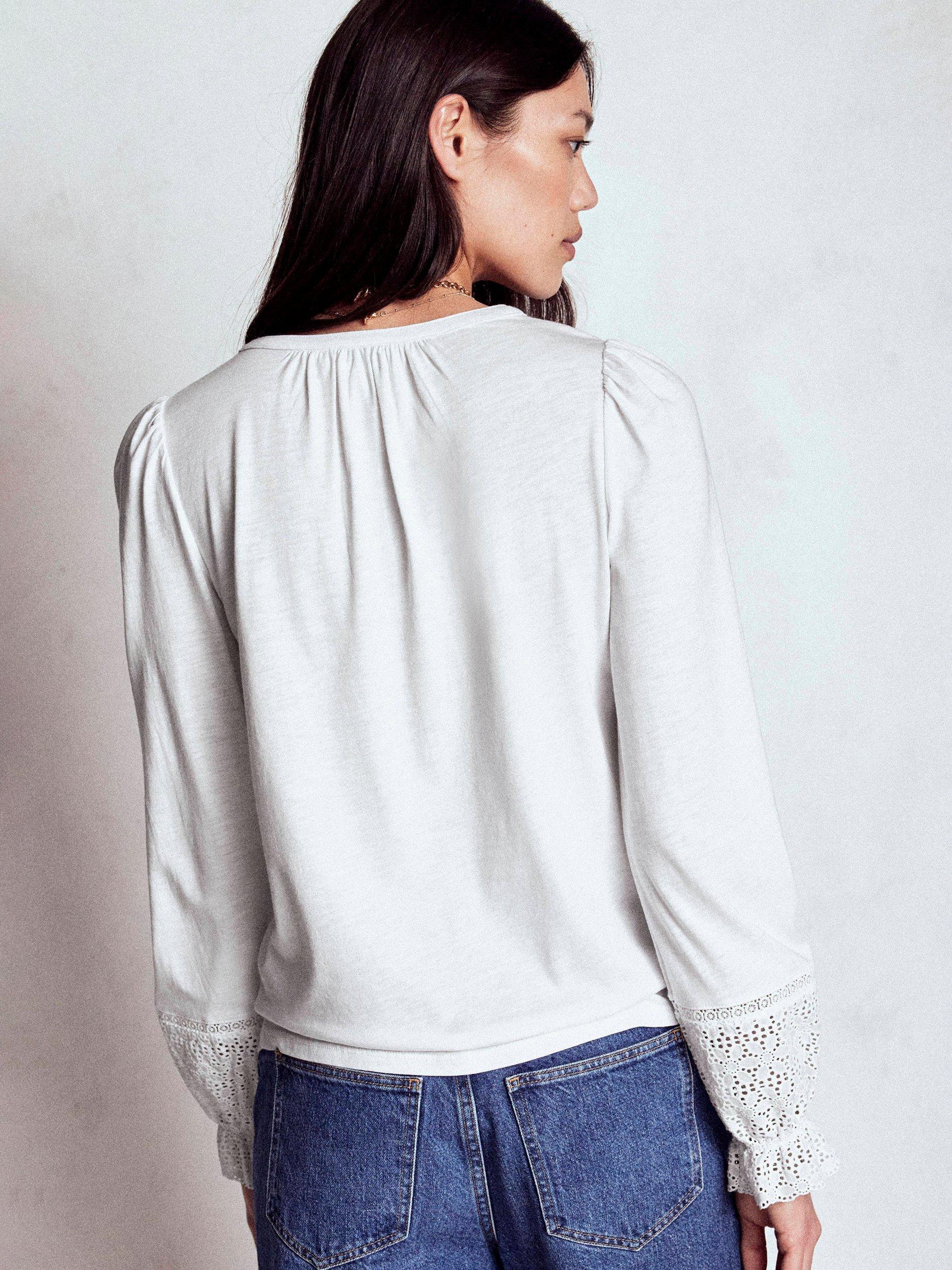 Product image 3 of 5, which shows Boden Pippa Broderie Jersey Shirt, White, 8