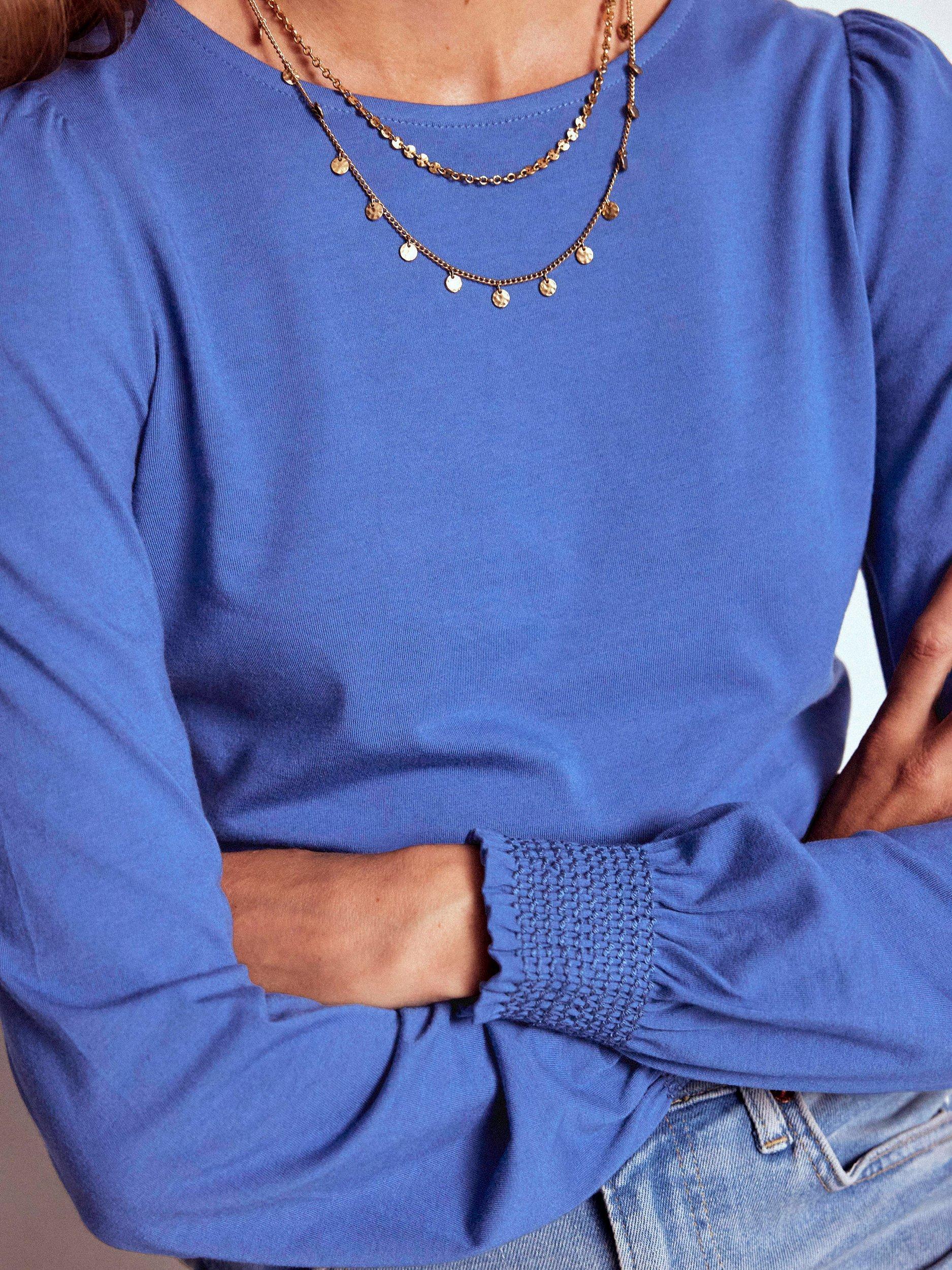 Product image 2 of 4, which shows Boden Smocked Cuff Top, Denim Blue, 8