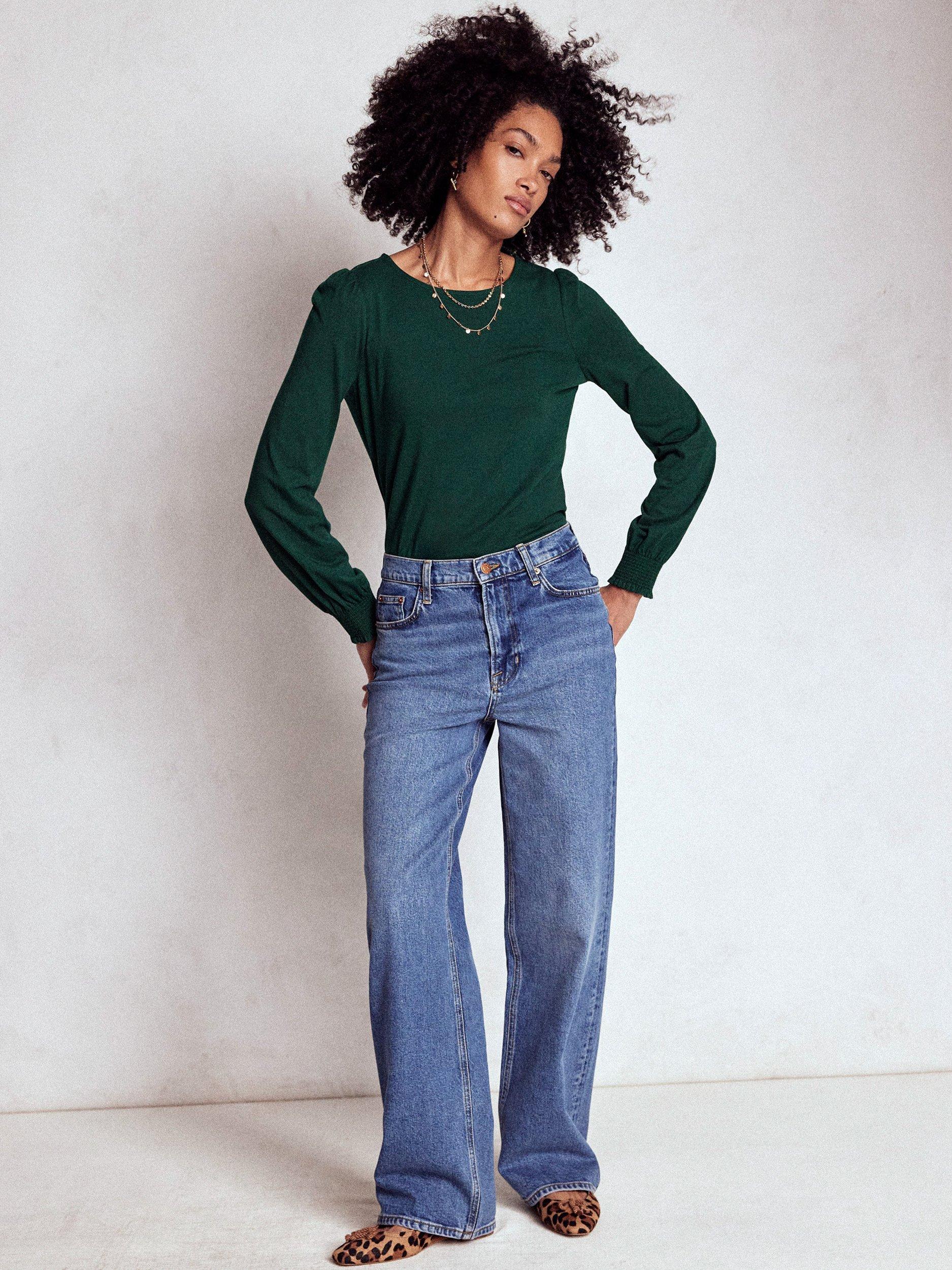 Product image 1 of 4, which shows Boden Smocked Cuff Long Sleeve Top, Green Pine, 18