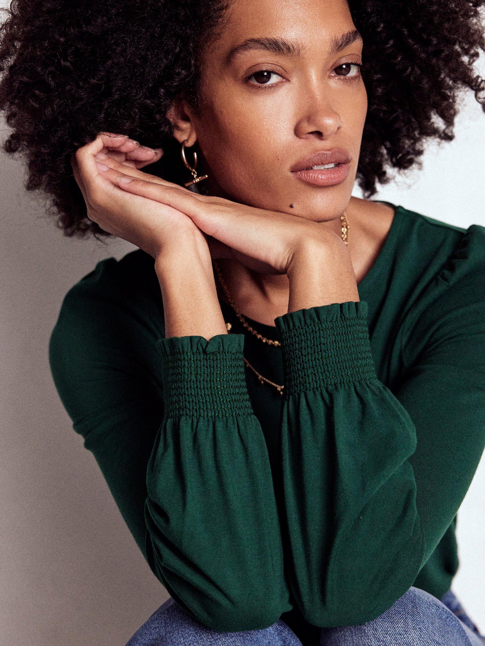 Product image 2 of 4, which shows Boden Smocked Cuff Long Sleeve Top, Green Pine, 18