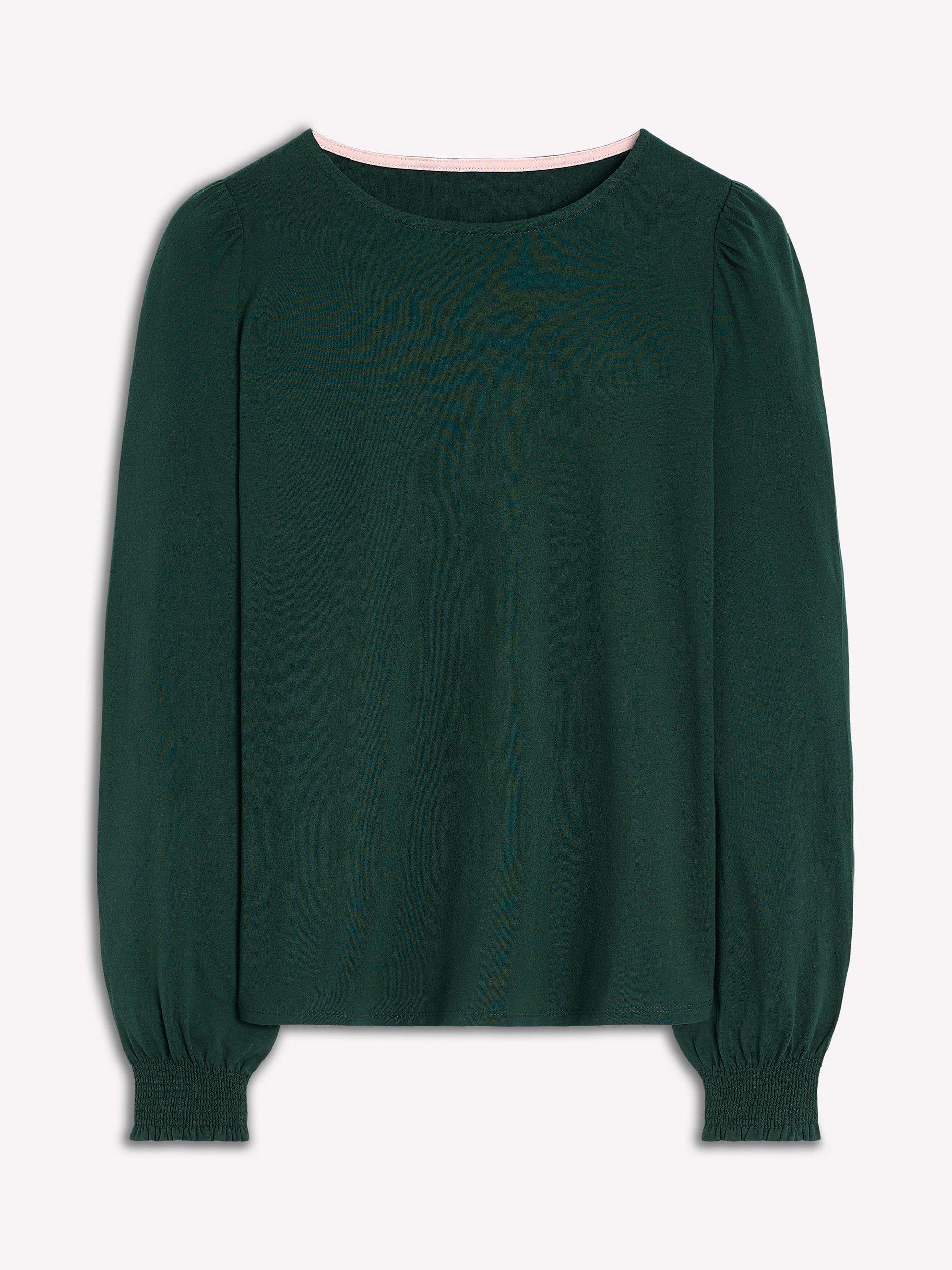 Product image 4 of 4, which shows Boden Smocked Cuff Long Sleeve Top, Green Pine, 18