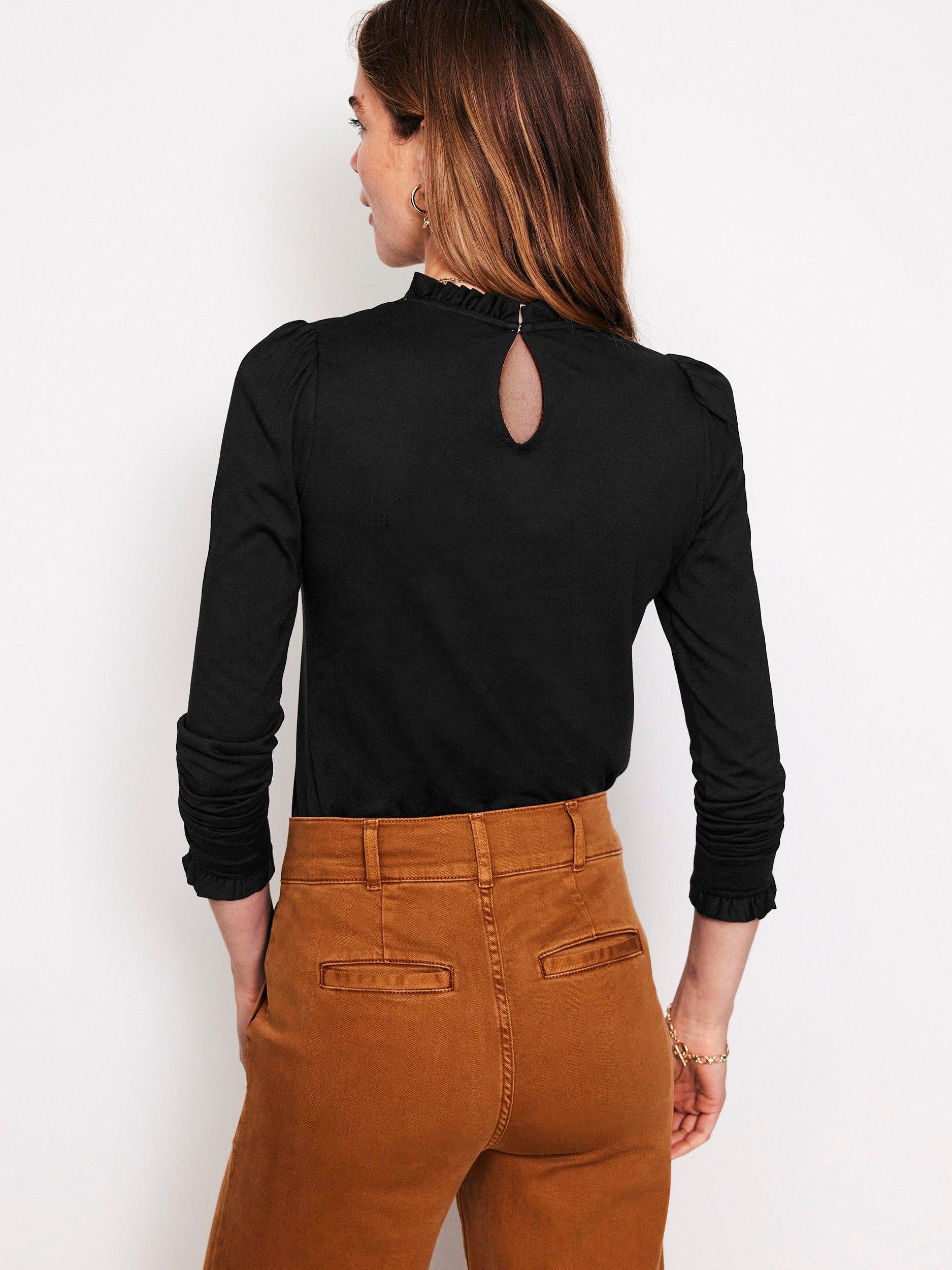 Product image 3 of 4, which shows Boden Frill Detail Long Sleeve Top, Black, 8