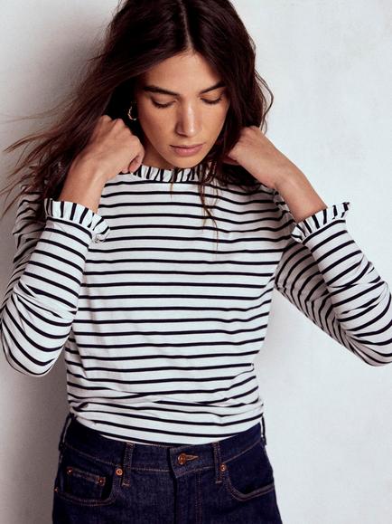 Boden Stripe Frill Detail Top, Ivory/Navy, Ivory/Navy