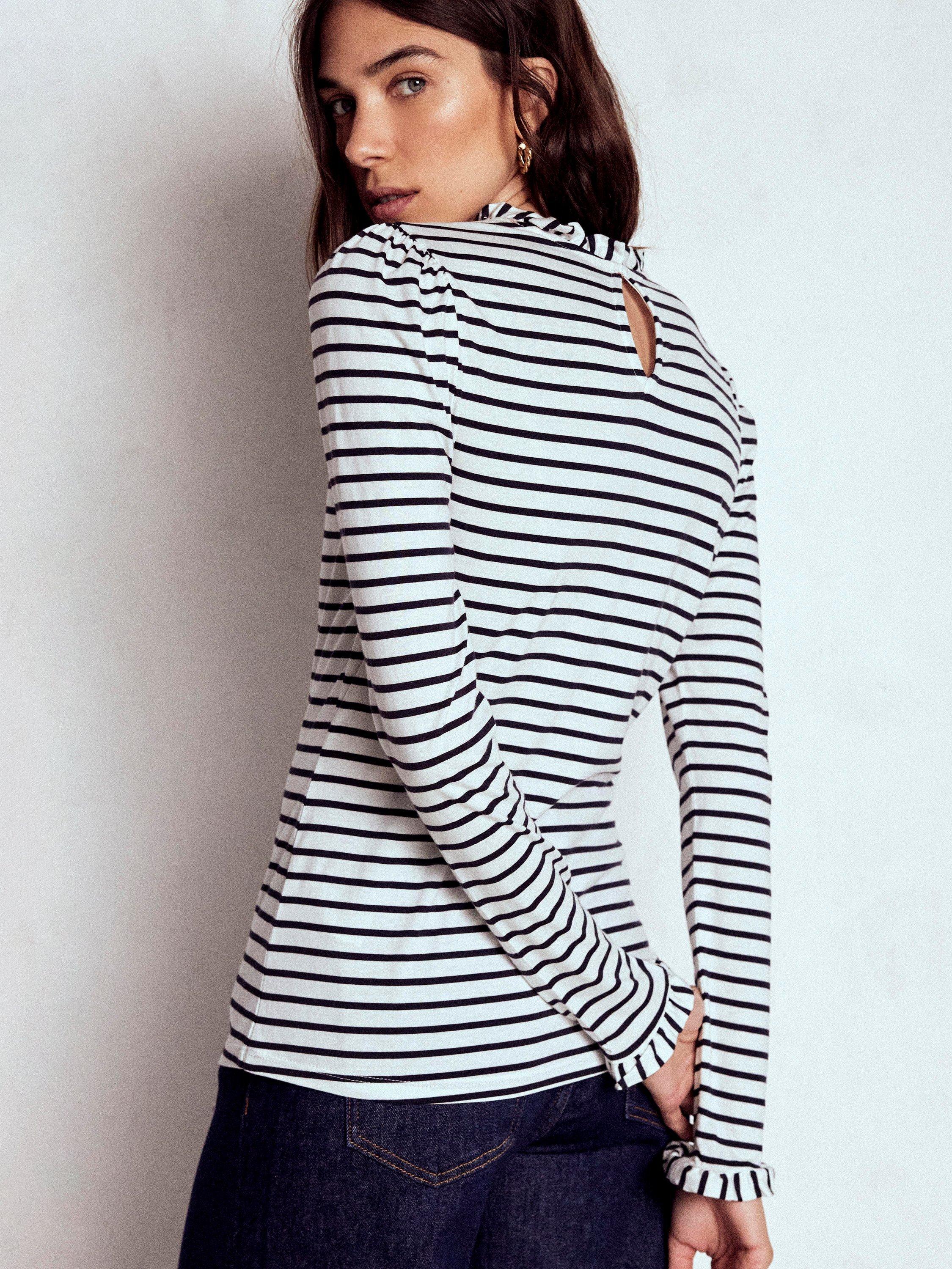 Product image 3 of 5, which shows Boden Stripe Frill Detail Top, Ivory/Navy, 8