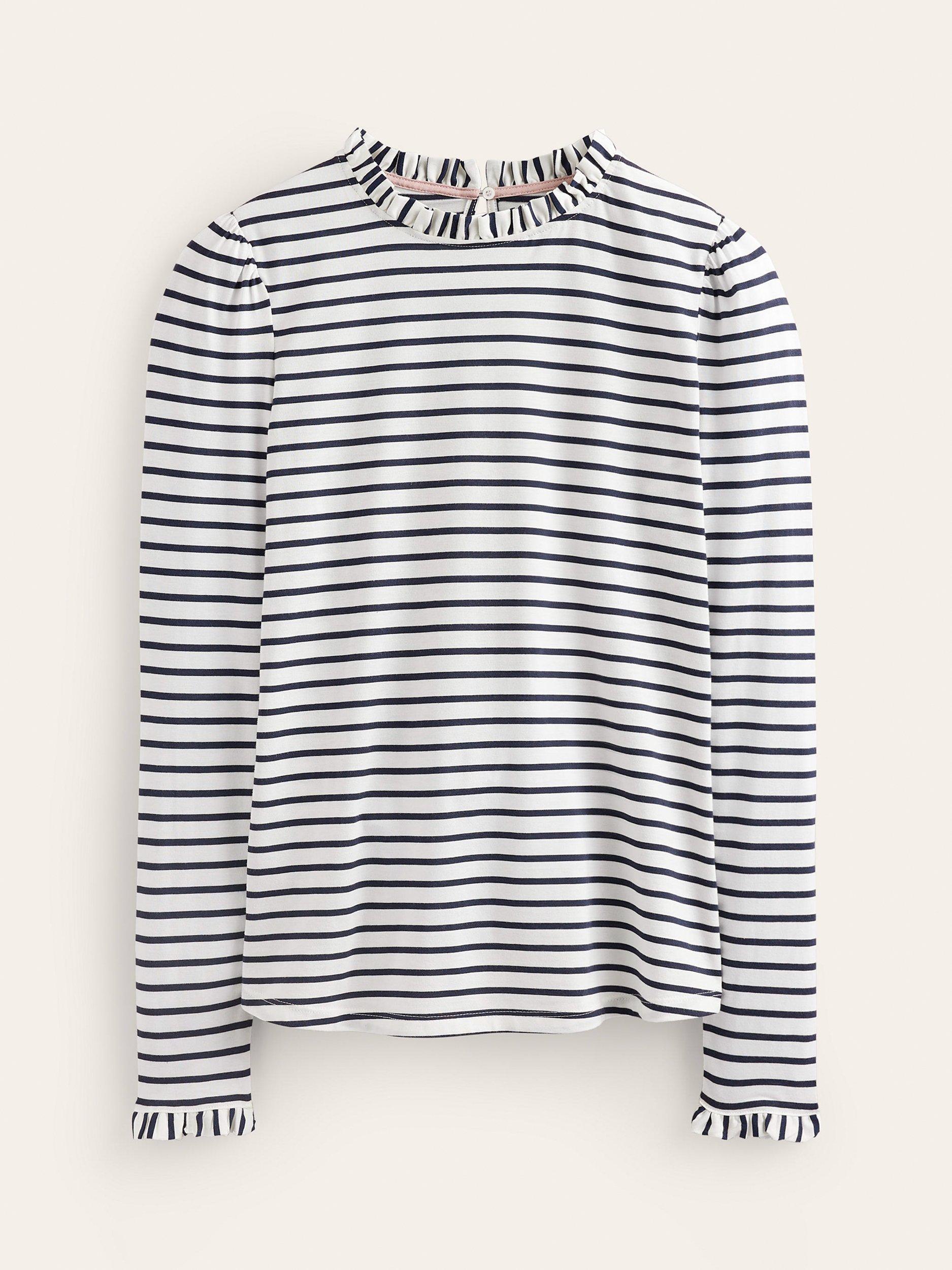Product image 5 of 5, which shows Boden Stripe Frill Detail Top, Ivory/Navy, 8