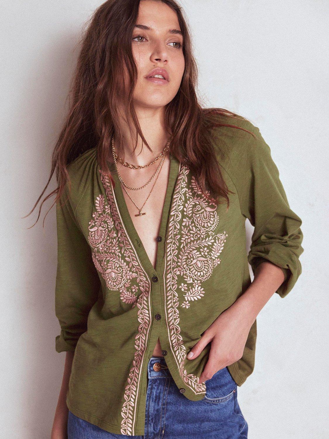 Product image 1 of 5, which shows Boden Alma Embroidered Jersey Shirt, Woodland Green, 8