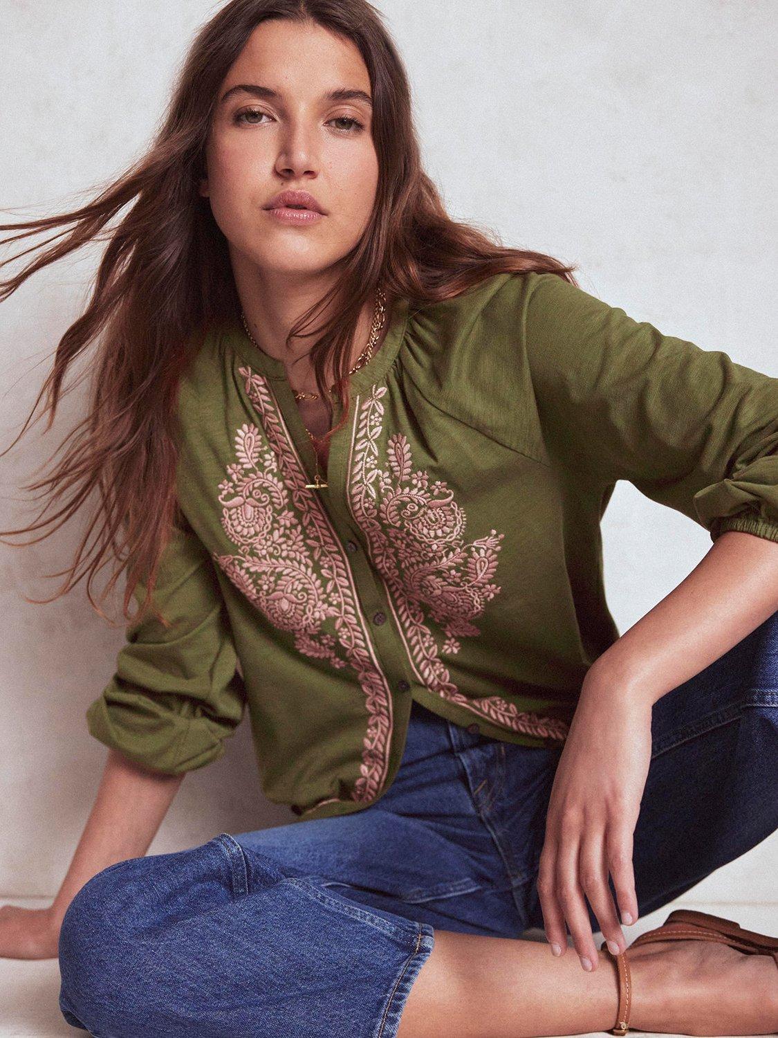 Product image 2 of 5, which shows Boden Alma Embroidered Jersey Shirt, Woodland Green, 8