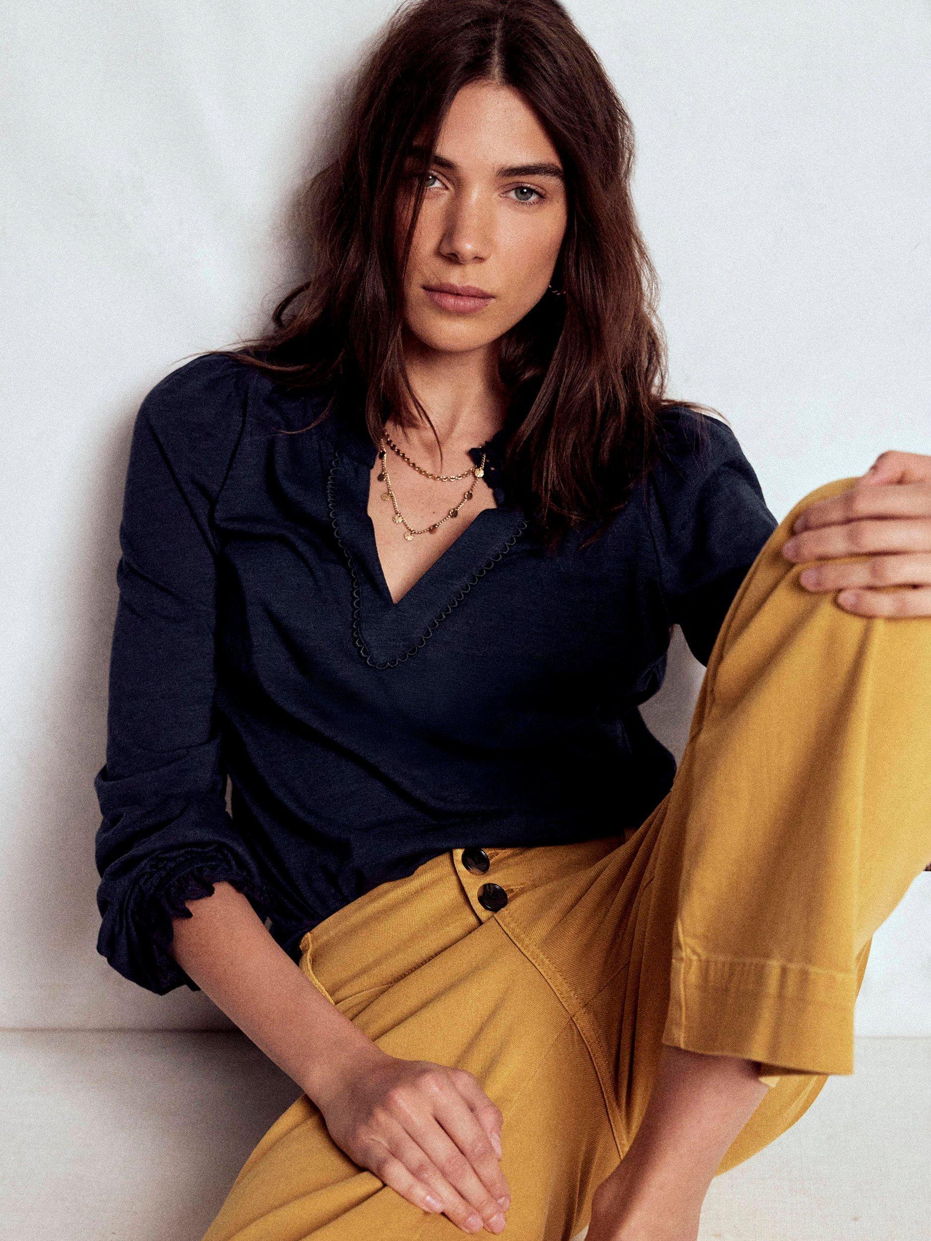 Product image 1 of 5, which shows Boden Aria Broderie Notch Neck Top, Navy, 8