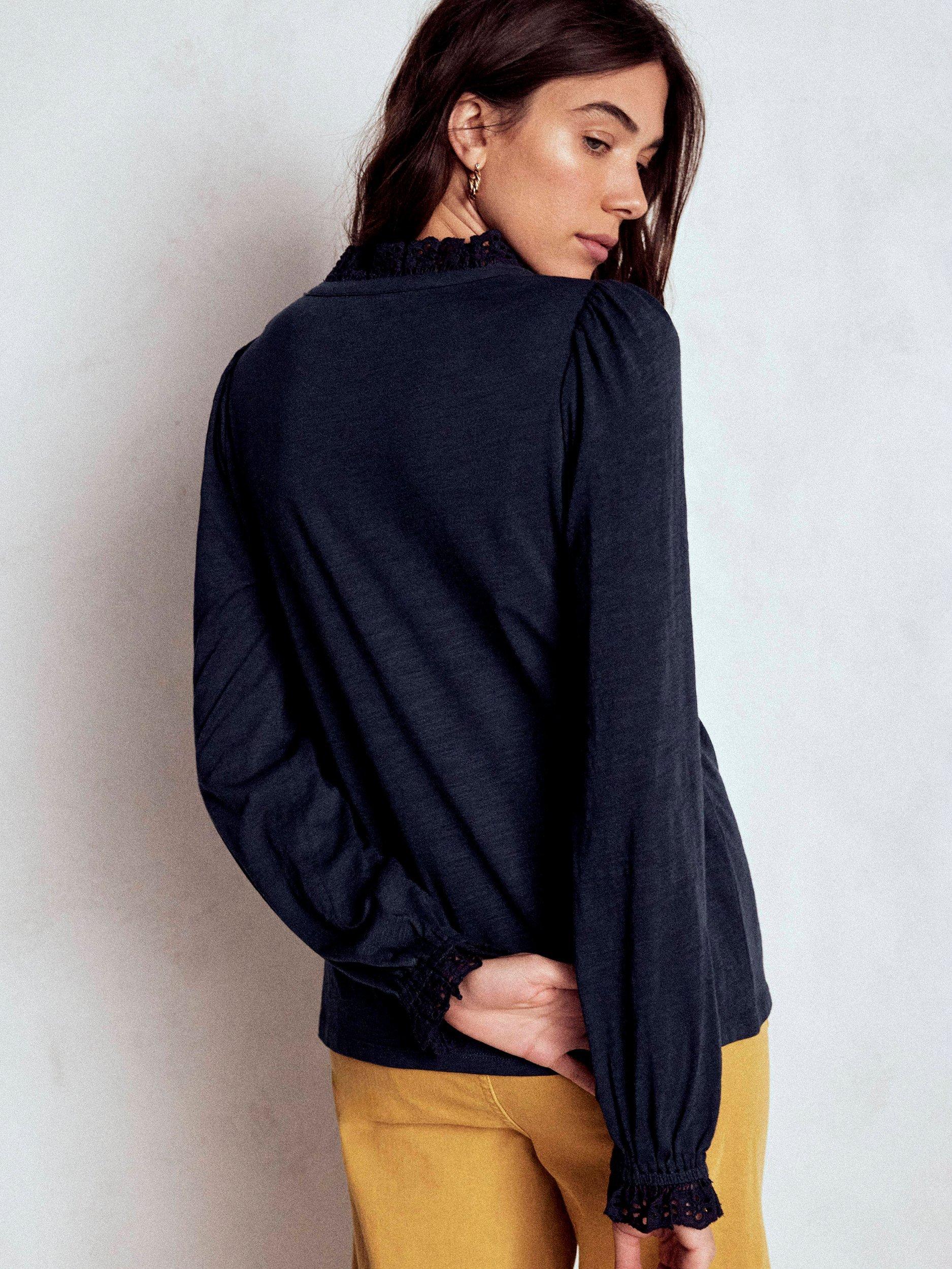 Product image 3 of 5, which shows Boden Aria Broderie Notch Neck Top, Navy, 8