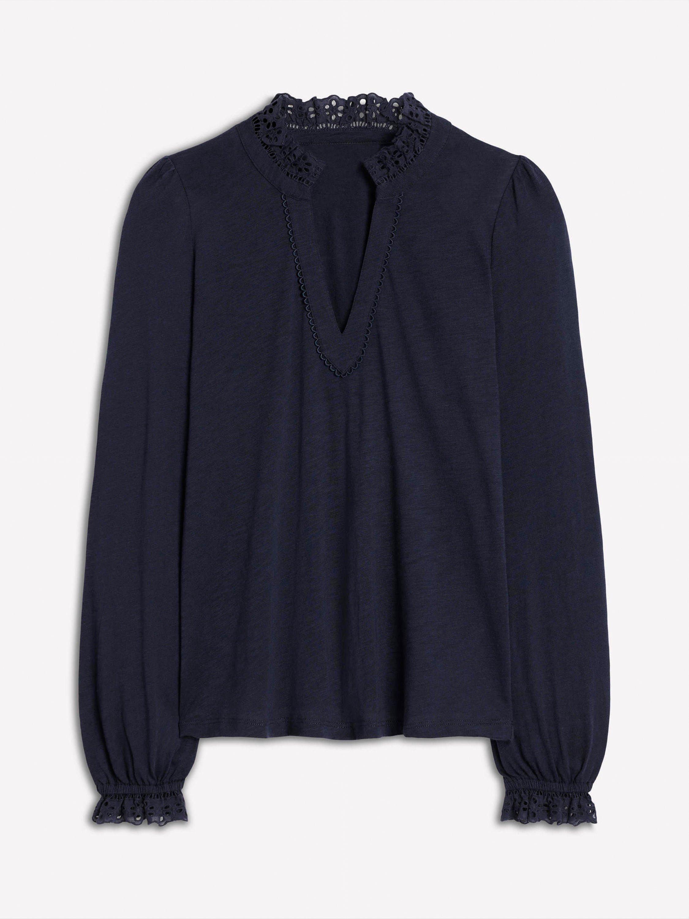 Product image 5 of 5, which shows Boden Aria Broderie Notch Neck Top, Navy, 8
