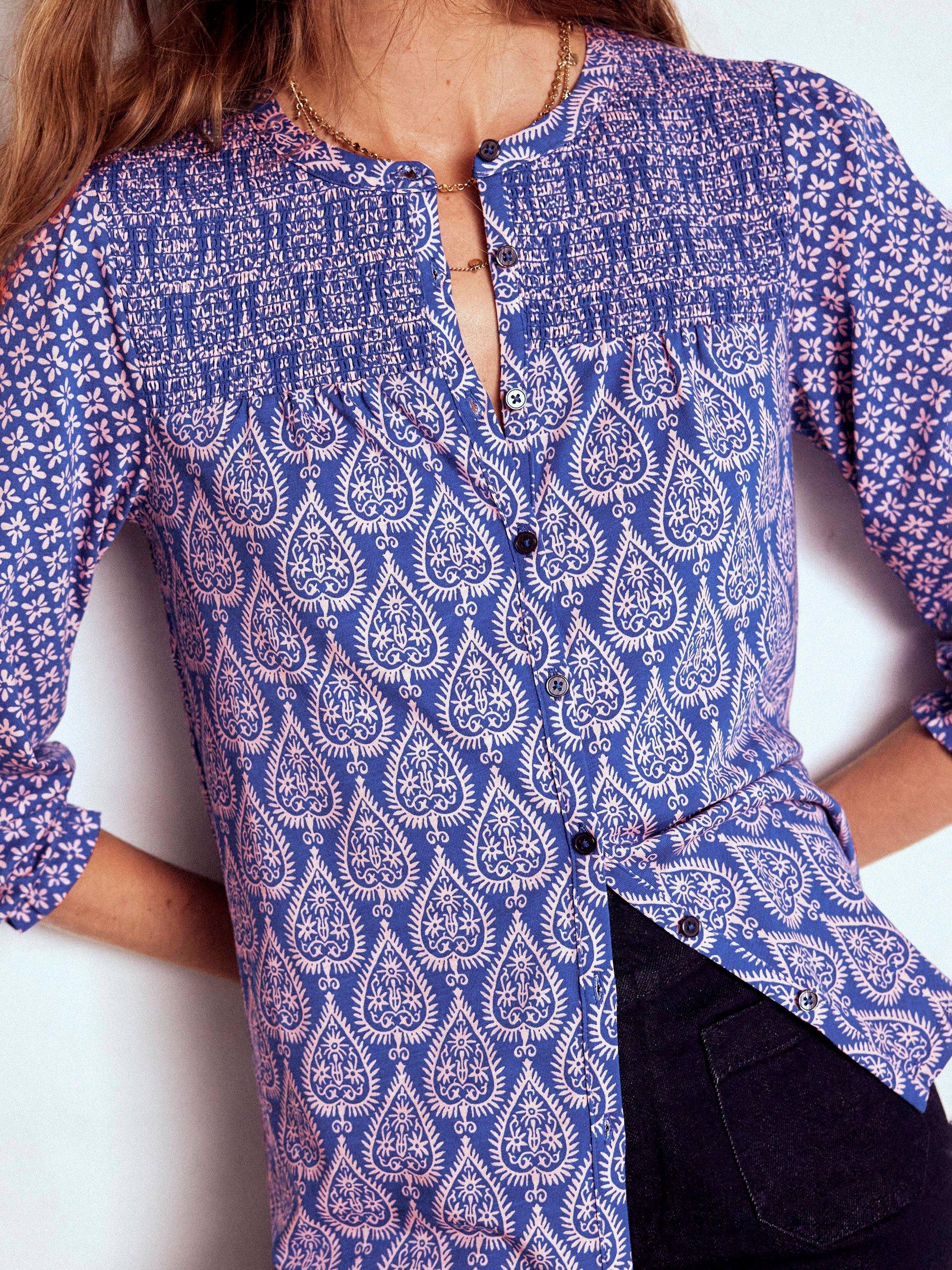 Product image 2 of 5, which shows Boden Elsa Paisley Smocked Yoke Top, Blue/Multi, 8