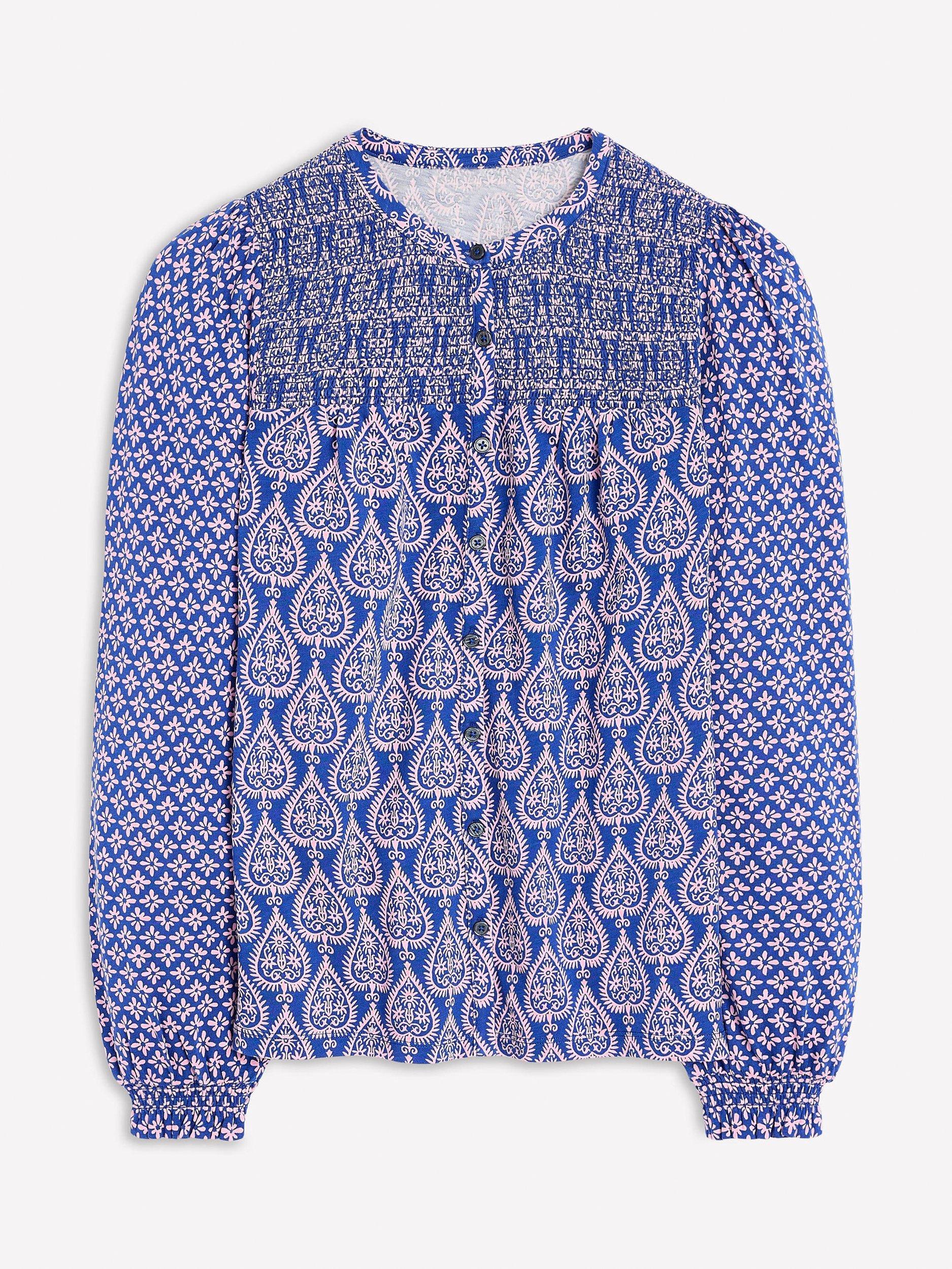 Product image 5 of 5, which shows Boden Elsa Paisley Smocked Yoke Top, Blue/Multi, 8