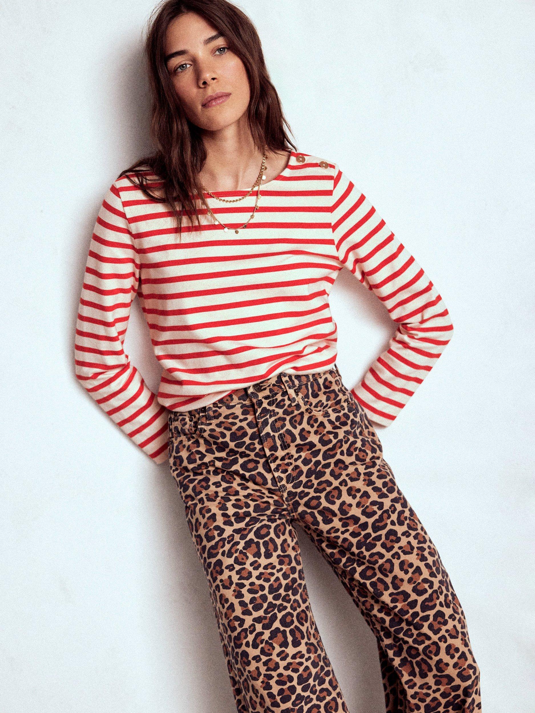 Product image 1 of 5, which shows Boden Mariner Breton Stripe Button Detail Top, Ivory/Red, 8