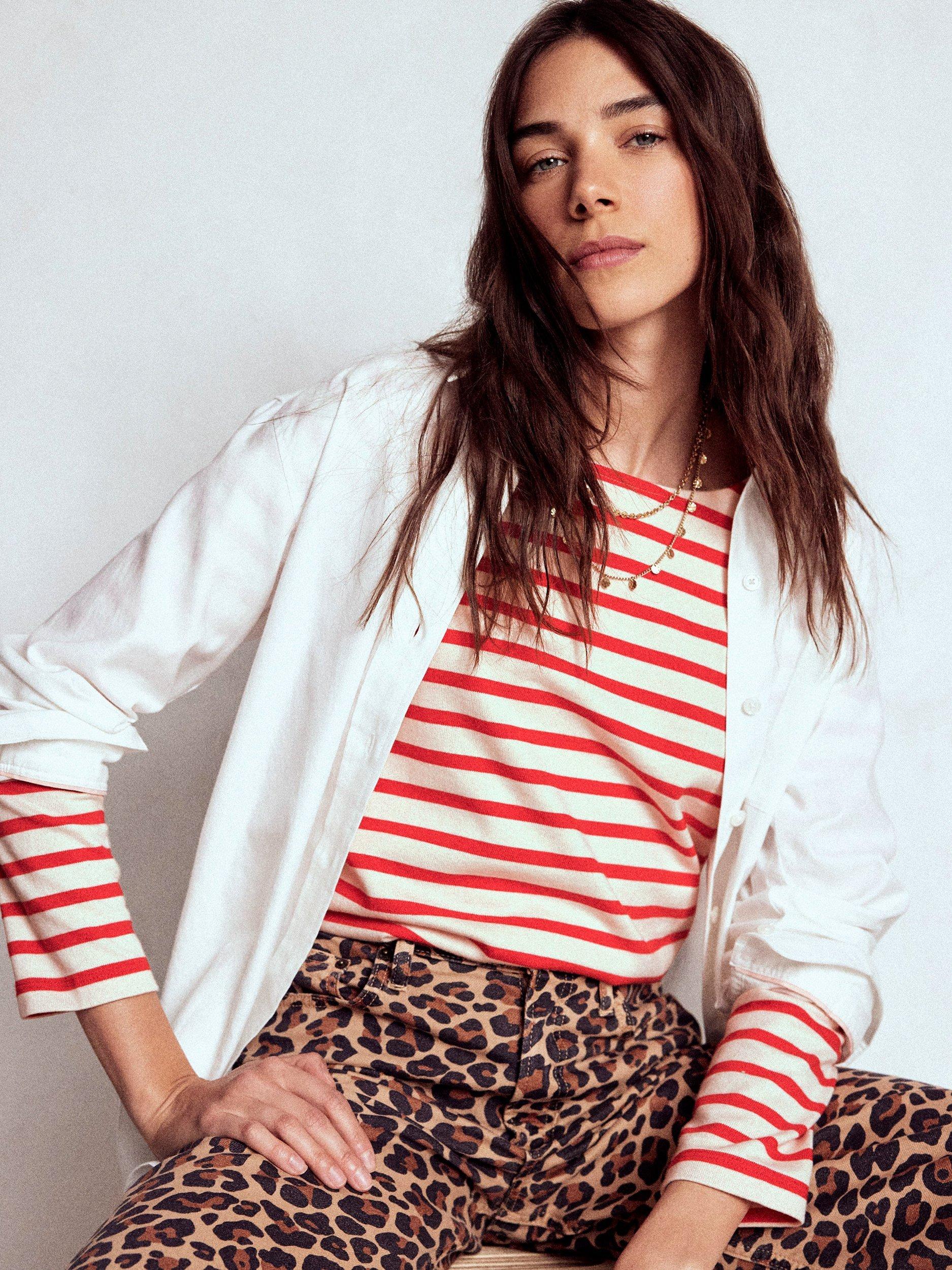 Product image 2 of 5, which shows Boden Mariner Breton Stripe Button Detail Top, Ivory/Red, 8