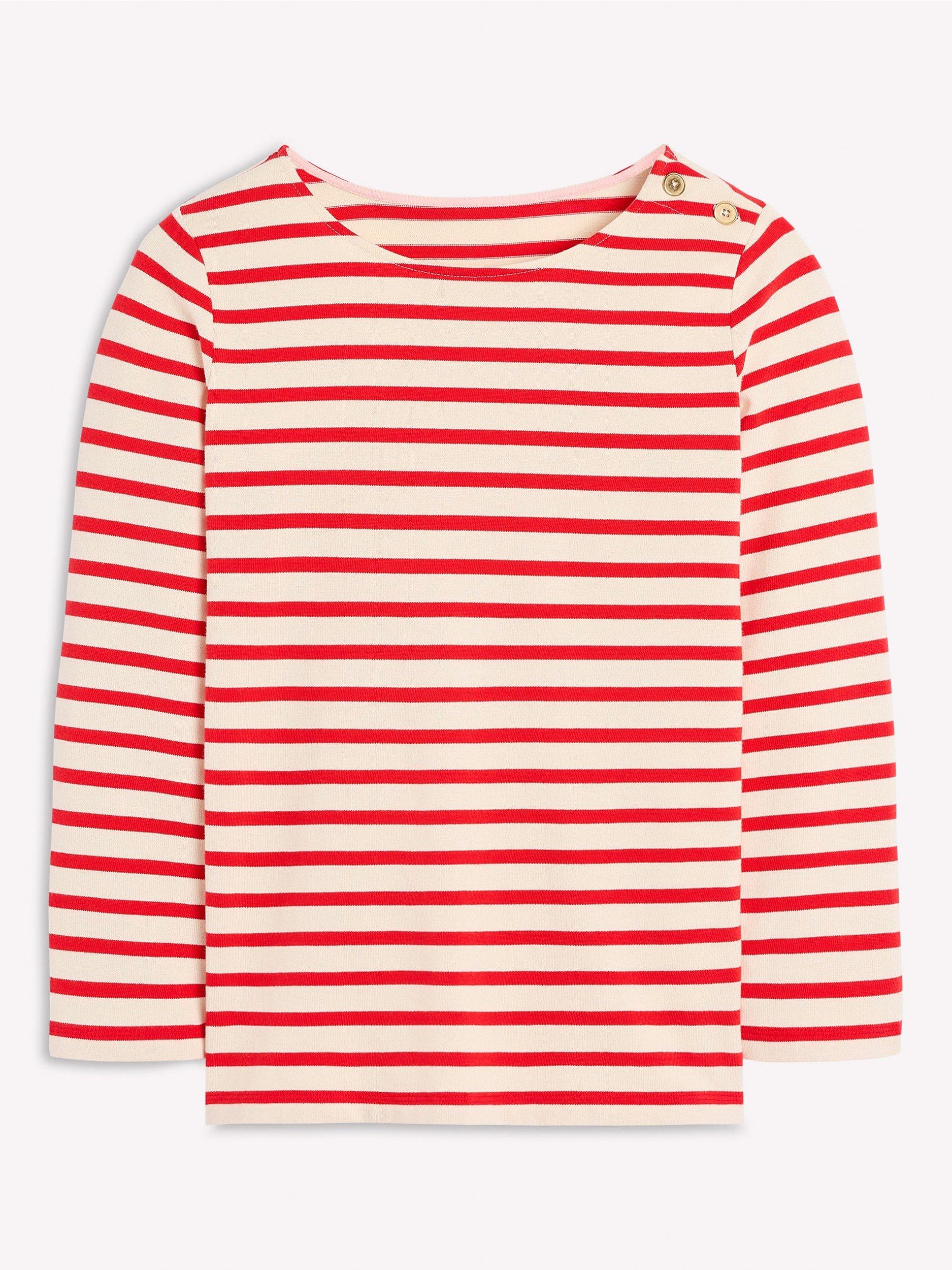 Product image 5 of 5, which shows Boden Mariner Breton Stripe Button Detail Top, Ivory/Red, 8