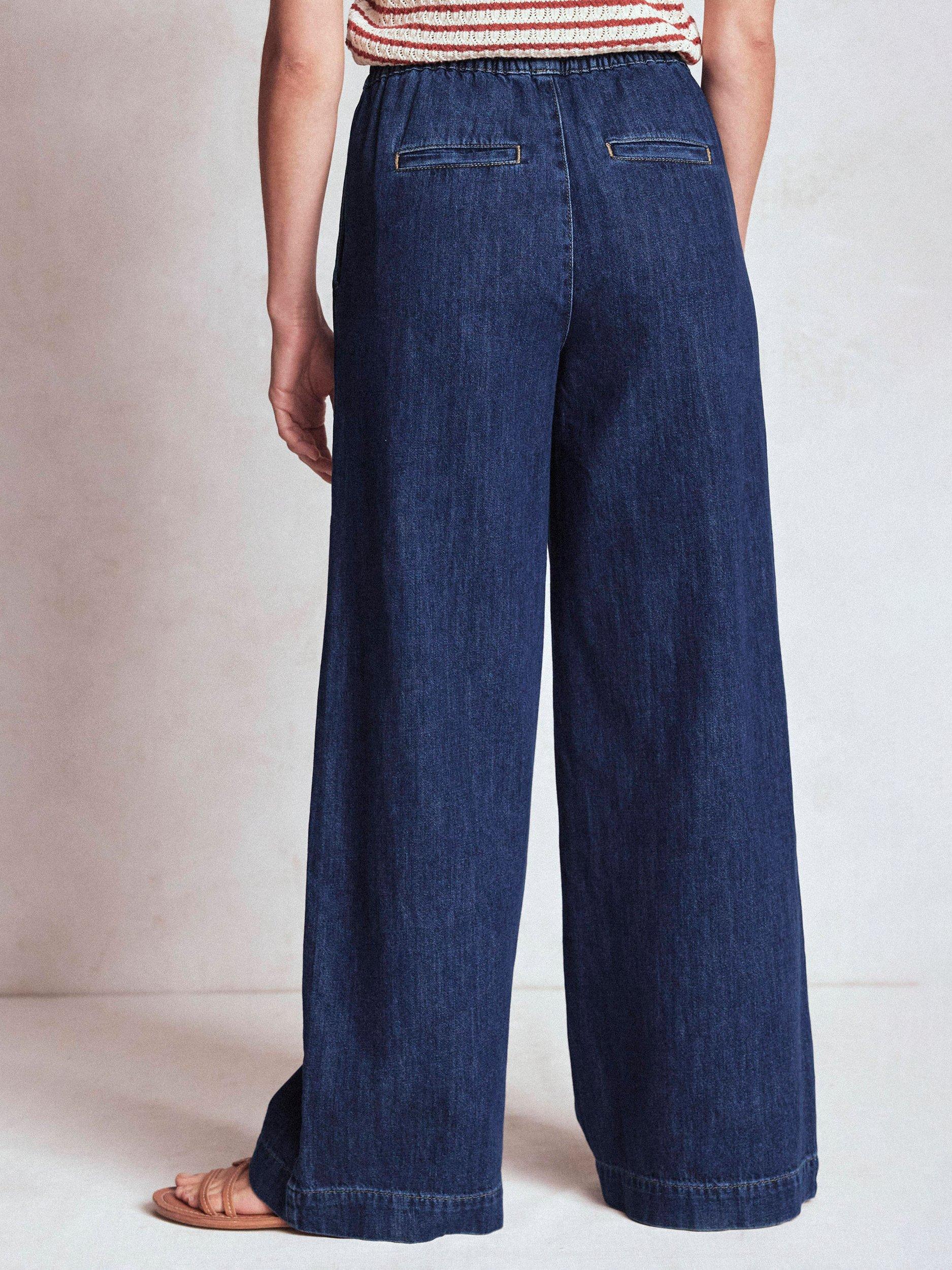 Product image 3 of 7, which shows Boden Drawcord Denim Trousers, Mid Wash, 12