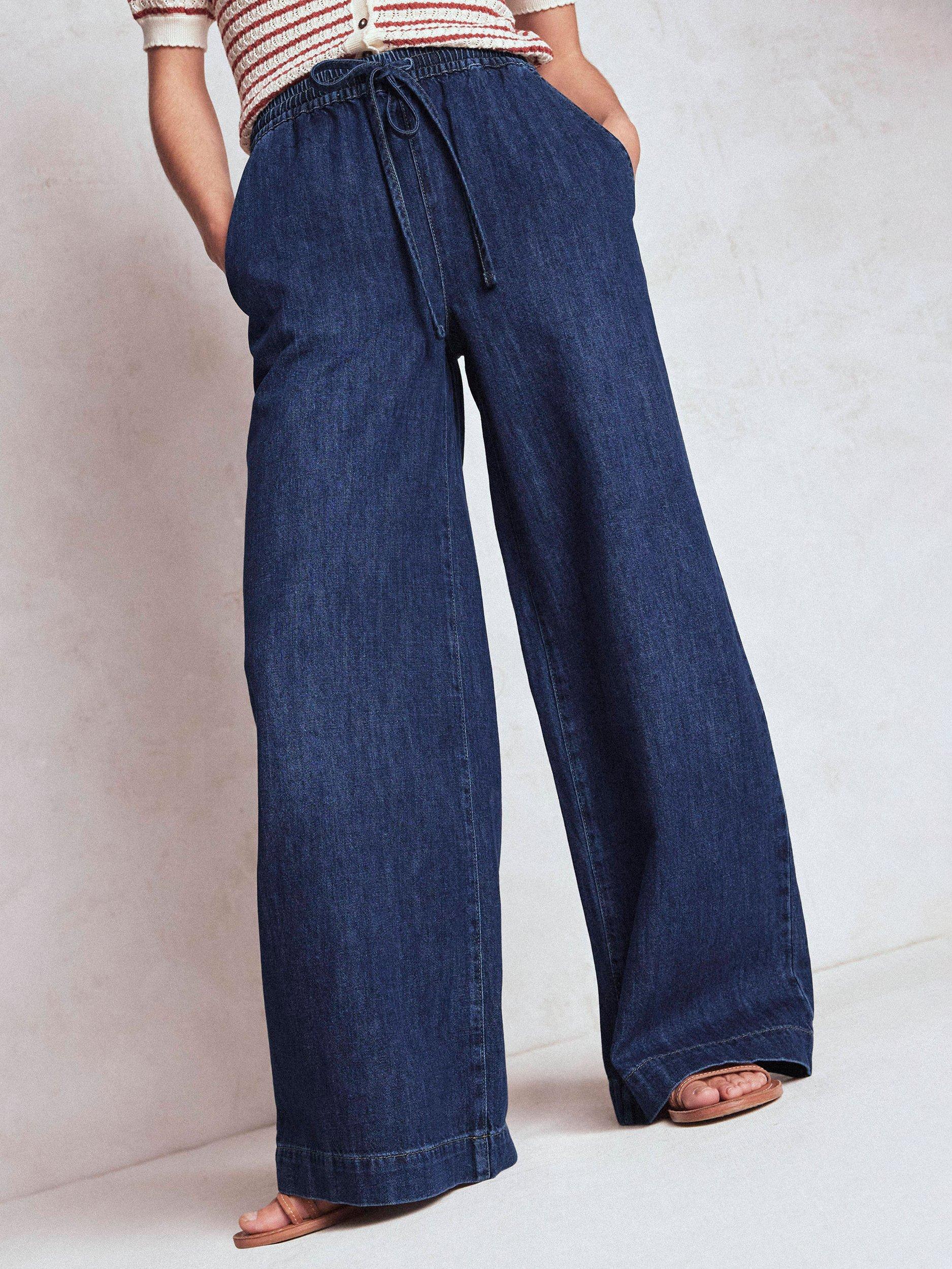 Product image 4 of 7, which shows Boden Drawcord Denim Trousers, Mid Wash, 12