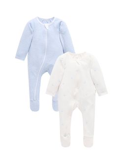 Purebaby Baby Cotton Essentials Zip Sleepsuit, Pack of 2, Blue Bear, Blue Bear
