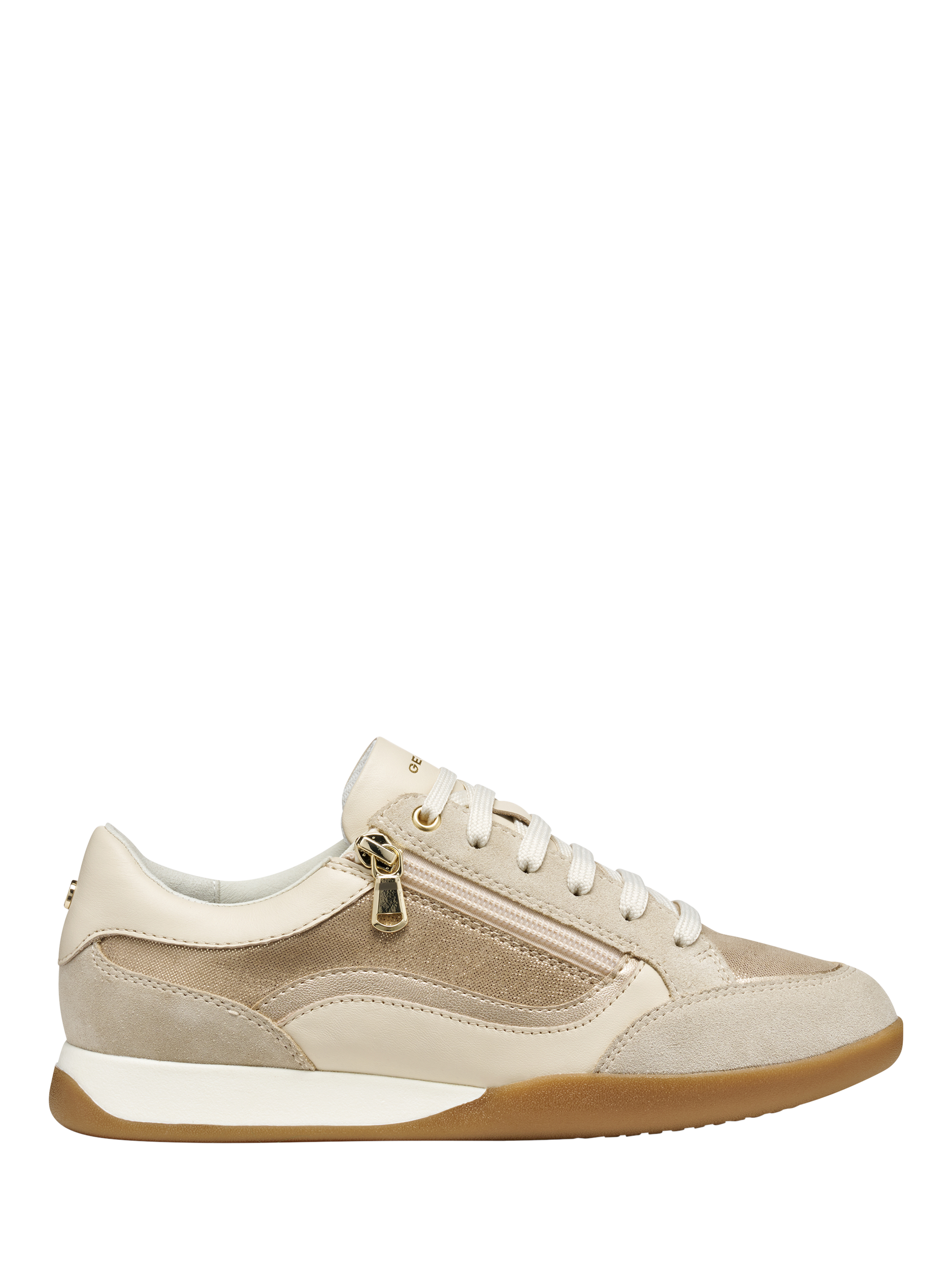 Product image 1 of 6, which shows Geox Maryemy Leather Blend Zip Trainers, Gold/Taupe, EU35