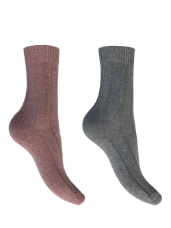 Charnos Cosy Bamboo Mix Ankle Socks, Pack of 2, Grey/Pink
