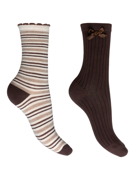Charnos Sparkle Stripe/Rib Bow Ankle Socks, Pack of 2, Chocolate Mix, Chocolate Mix