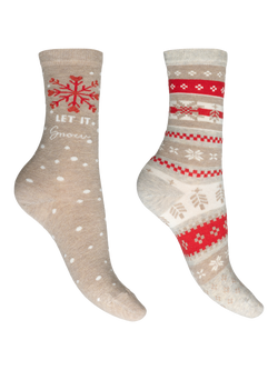 Charnos Cotton Blend Let it Snow Socks, Pack of 2, Beige/Multi, Beige/Multi