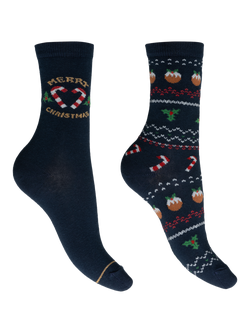 Charnos Cotton Blend Candy Cane Socks, Pack of 2, Navy, Navy