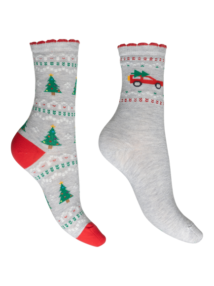 Charnos Cotton Blend Christmas Tree Car Socks, Pack of 2, Grey/Multi, Grey/Multi