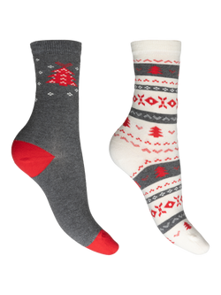 Charnos Cotton Blend Christmas Tree Socks, Pack of 2, Grey/Multi, Grey/Multi