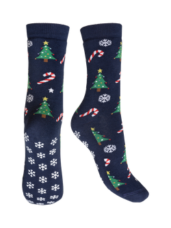 Charnos Christmas Tree Cotton Blend Slipper Socks, Navy, Navy