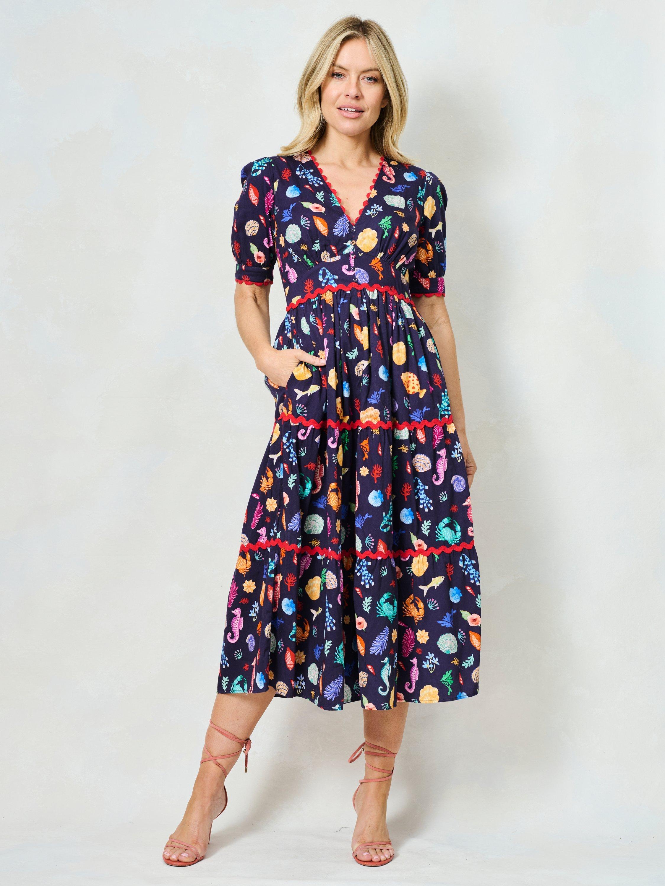 Product image 1 of 7, which shows Hope & Ivy The Laurel Cotton V-Neck Midi Dress, Navy/Multi, 8