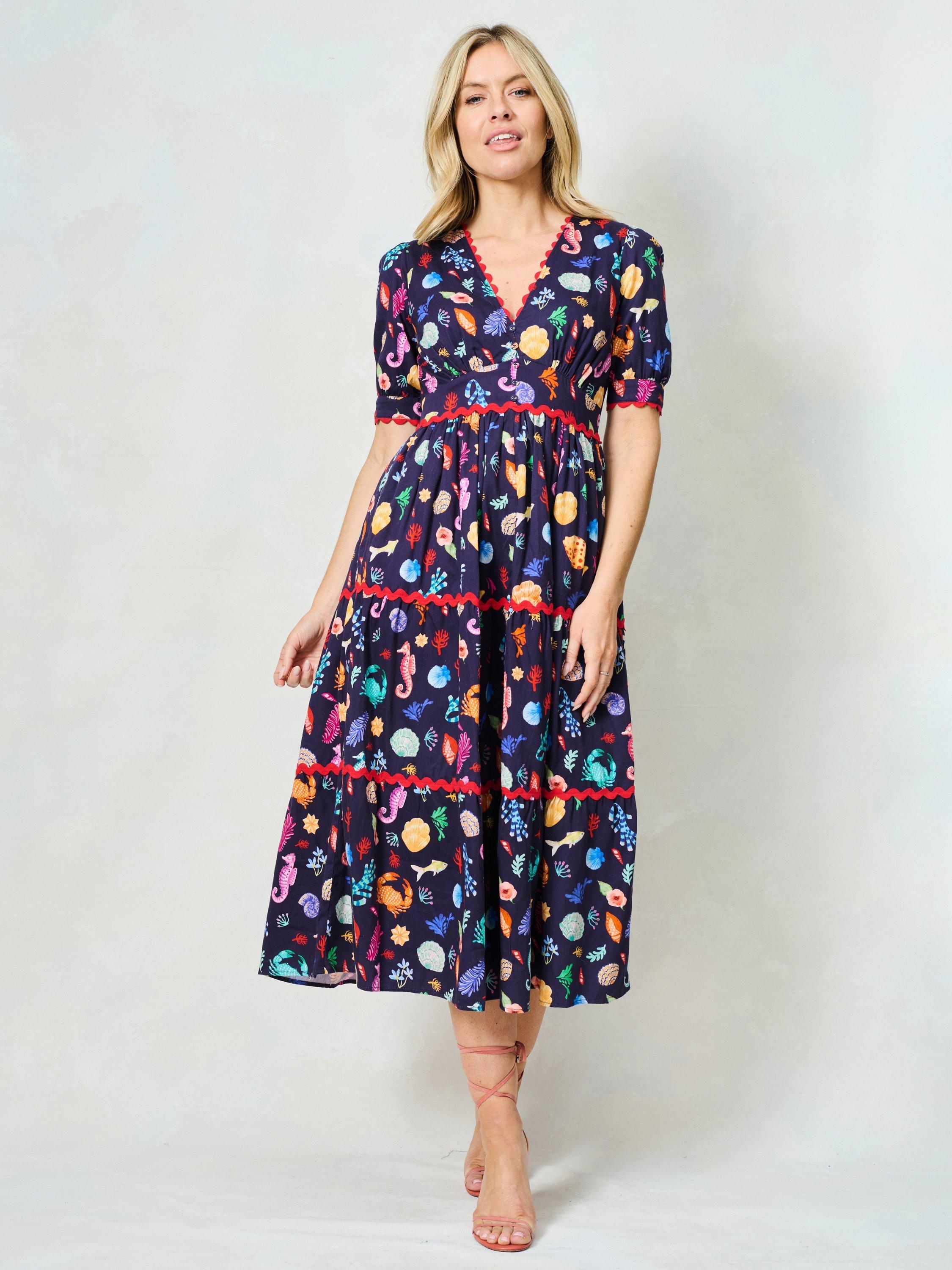 Product image 2 of 7, which shows Hope & Ivy The Laurel Cotton V-Neck Midi Dress, Navy/Multi, 8