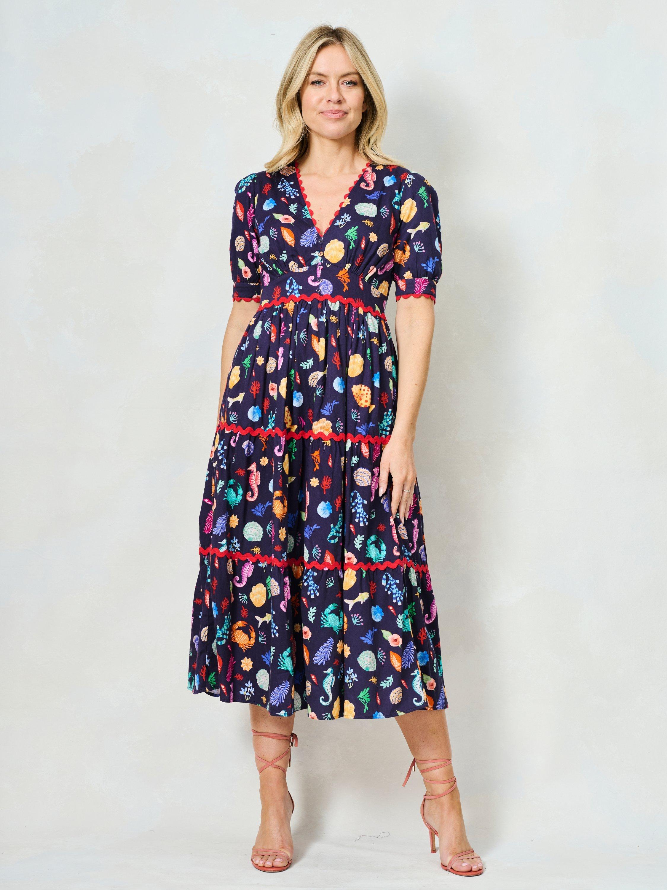 Product image 3 of 7, which shows Hope & Ivy The Laurel Cotton V-Neck Midi Dress, Navy/Multi, 8