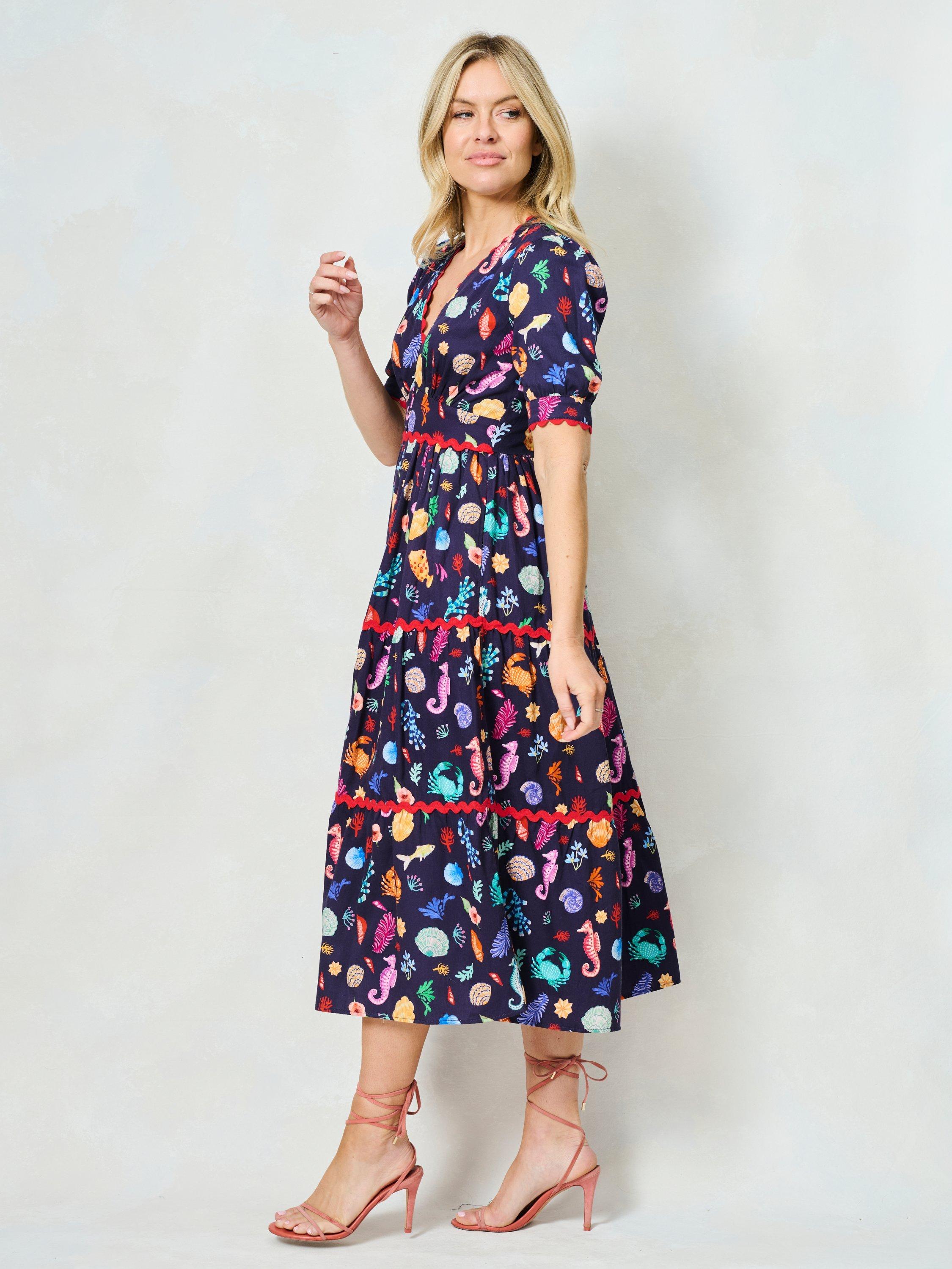 Product image 4 of 7, which shows Hope & Ivy The Laurel Cotton V-Neck Midi Dress, Navy/Multi, 8
