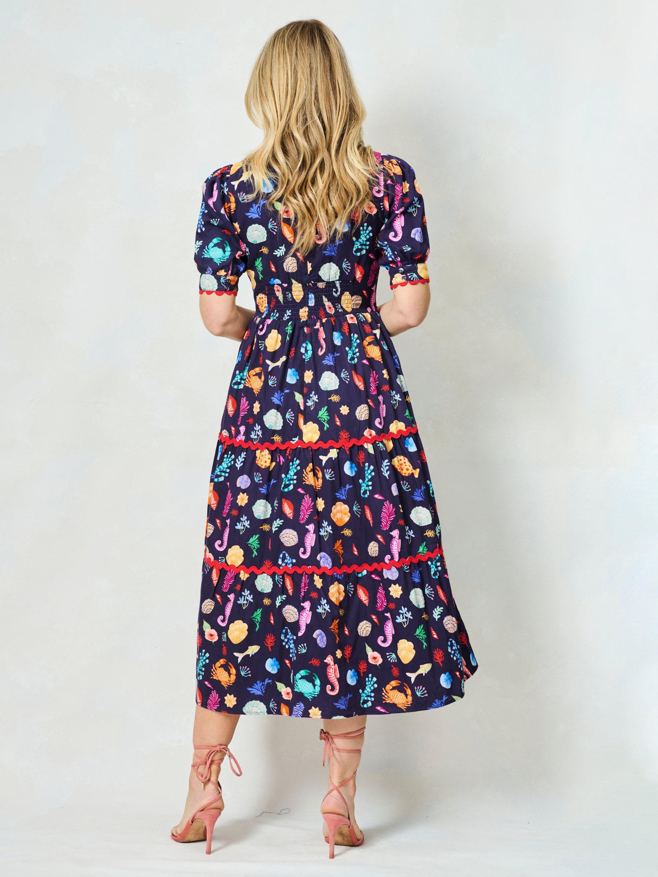 Product image 5 of 7, which shows Hope & Ivy The Laurel Cotton V-Neck Midi Dress, Navy/Multi, 8
