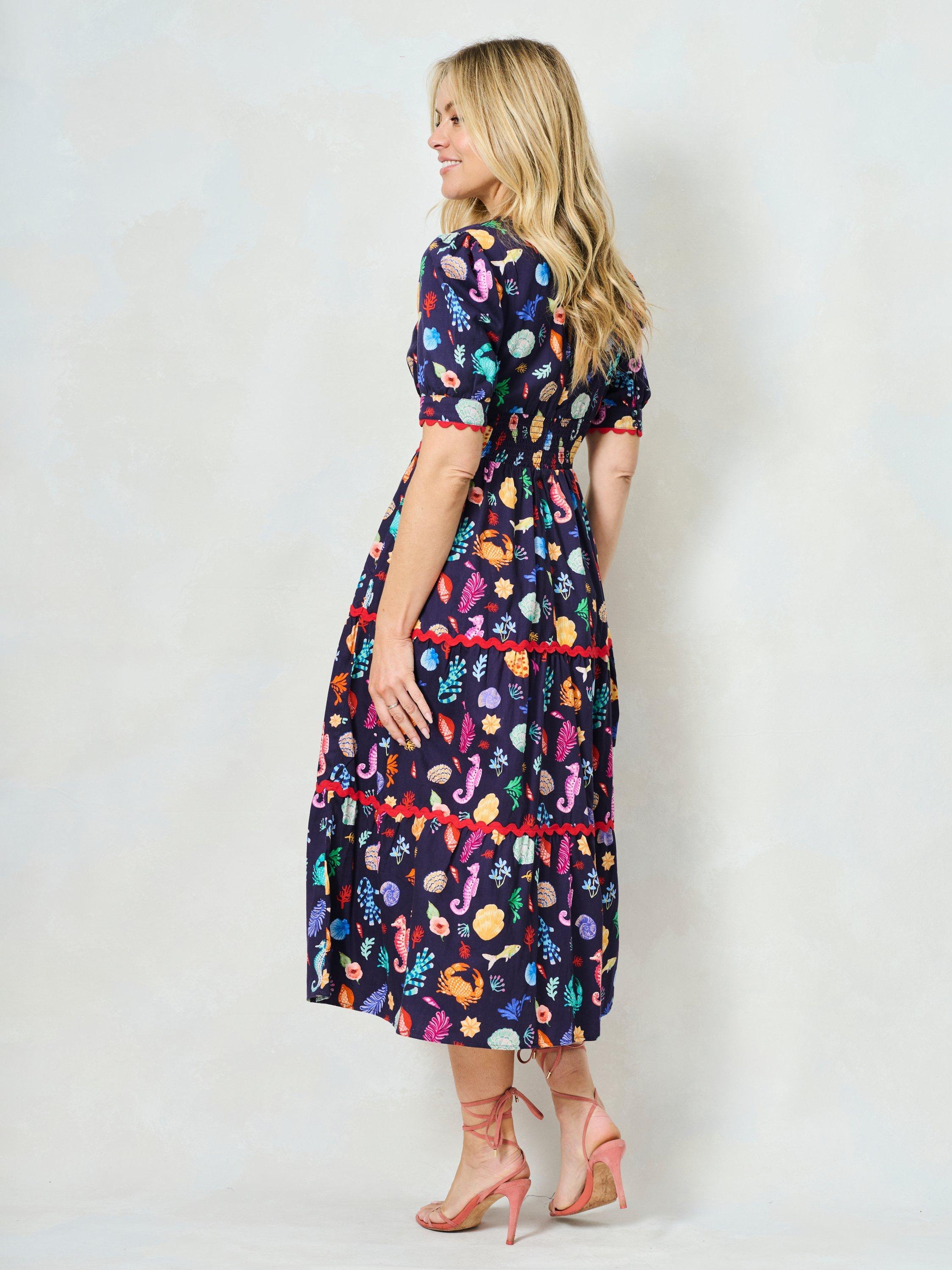 Product image 6 of 7, which shows Hope & Ivy The Laurel Cotton V-Neck Midi Dress, Navy/Multi, 8