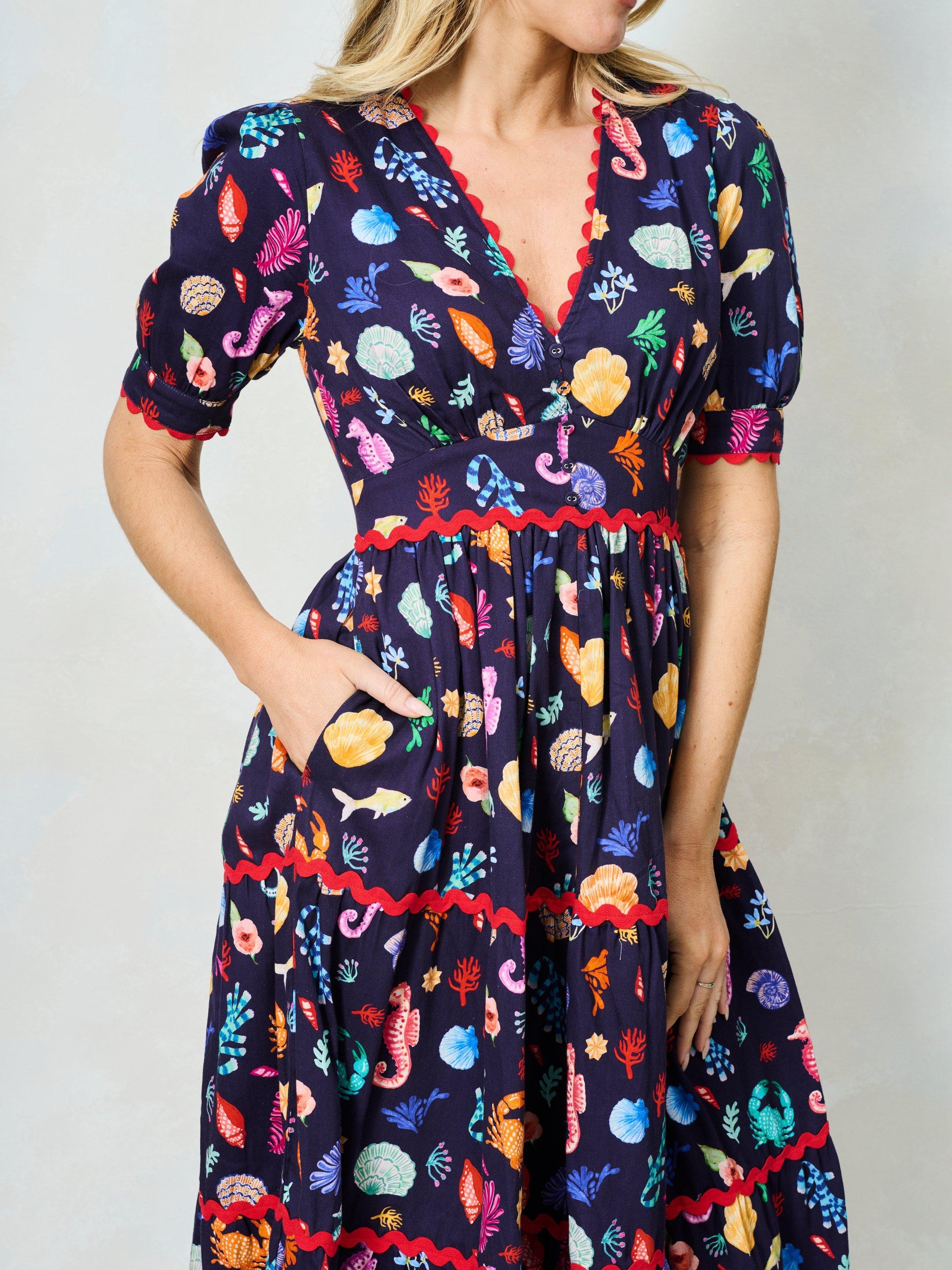 Product image 7 of 7, which shows Hope & Ivy The Laurel Cotton V-Neck Midi Dress, Navy/Multi, 8