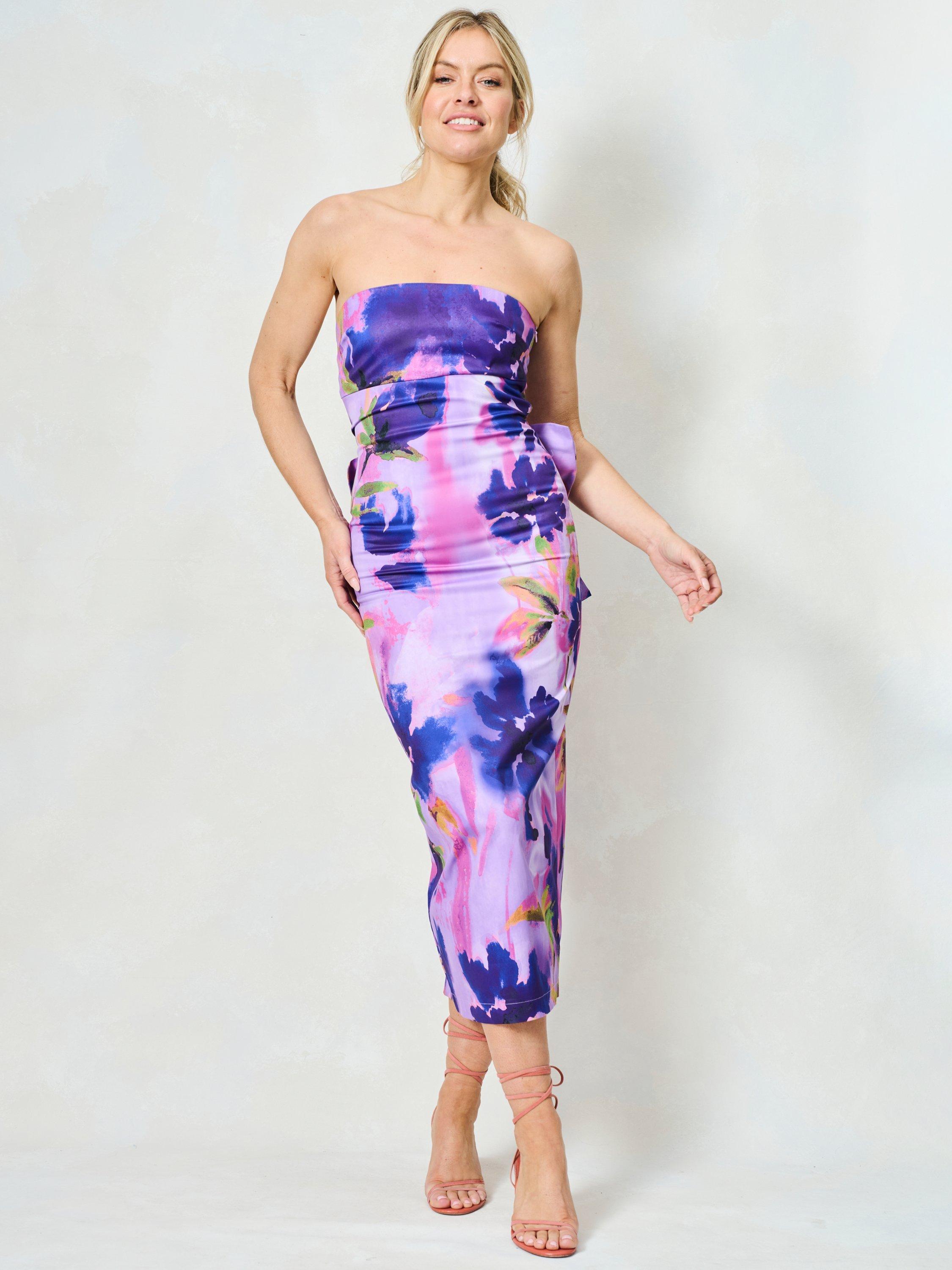 Product image 1 of 6, which shows Hope & Ivy The Louisa Floral Bow Detail Strapless Dress, Purple/Multi, 6