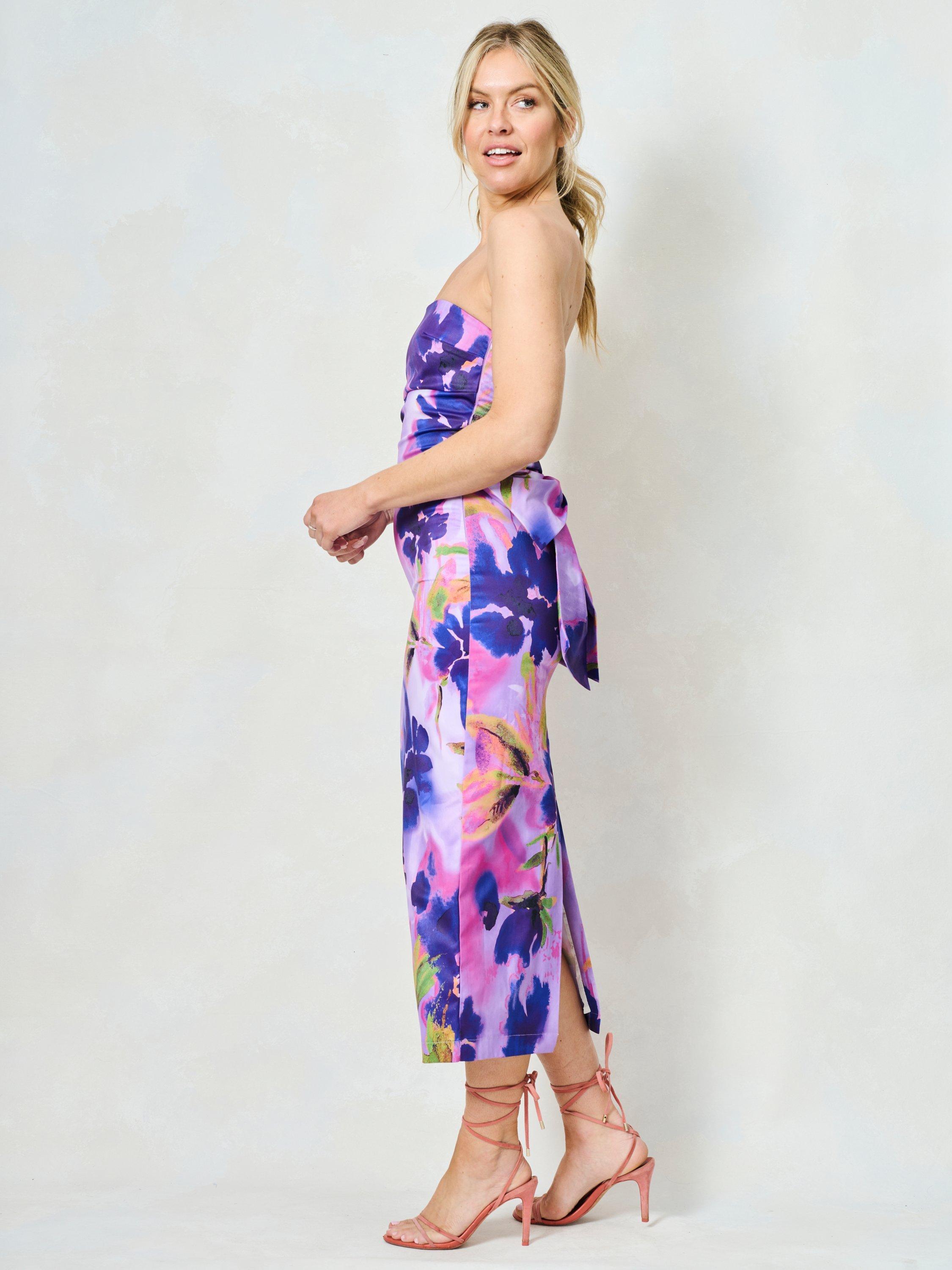 Product image 3 of 6, which shows Hope & Ivy The Louisa Floral Bow Detail Strapless Dress, Purple/Multi, 6