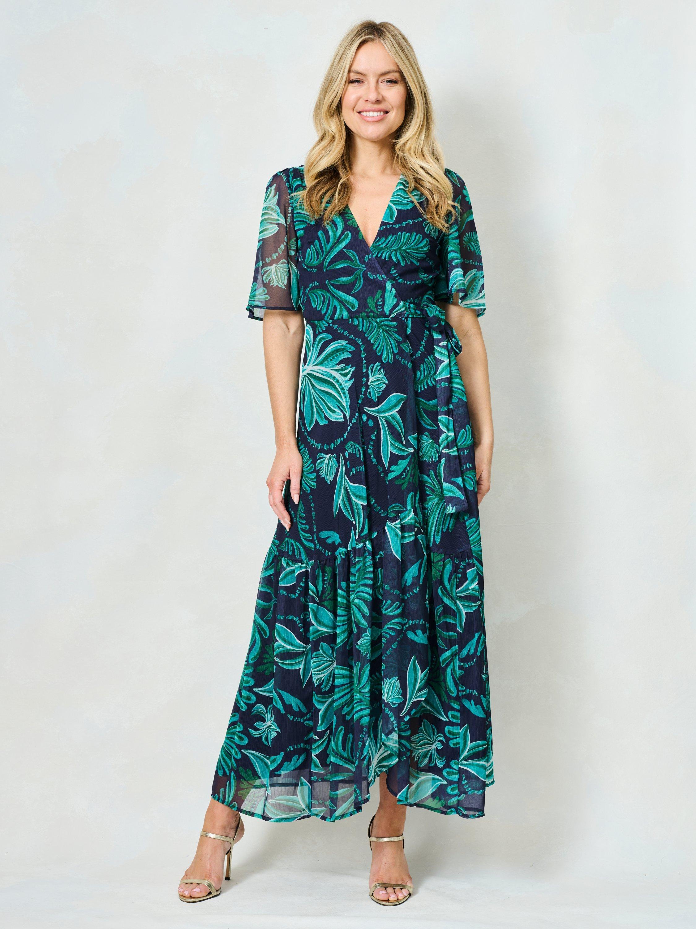 Product image 1 of 3, which shows Hope & Ivy The Magda Flutter Sleeve Wrap Dress, Navy/Multi, 6