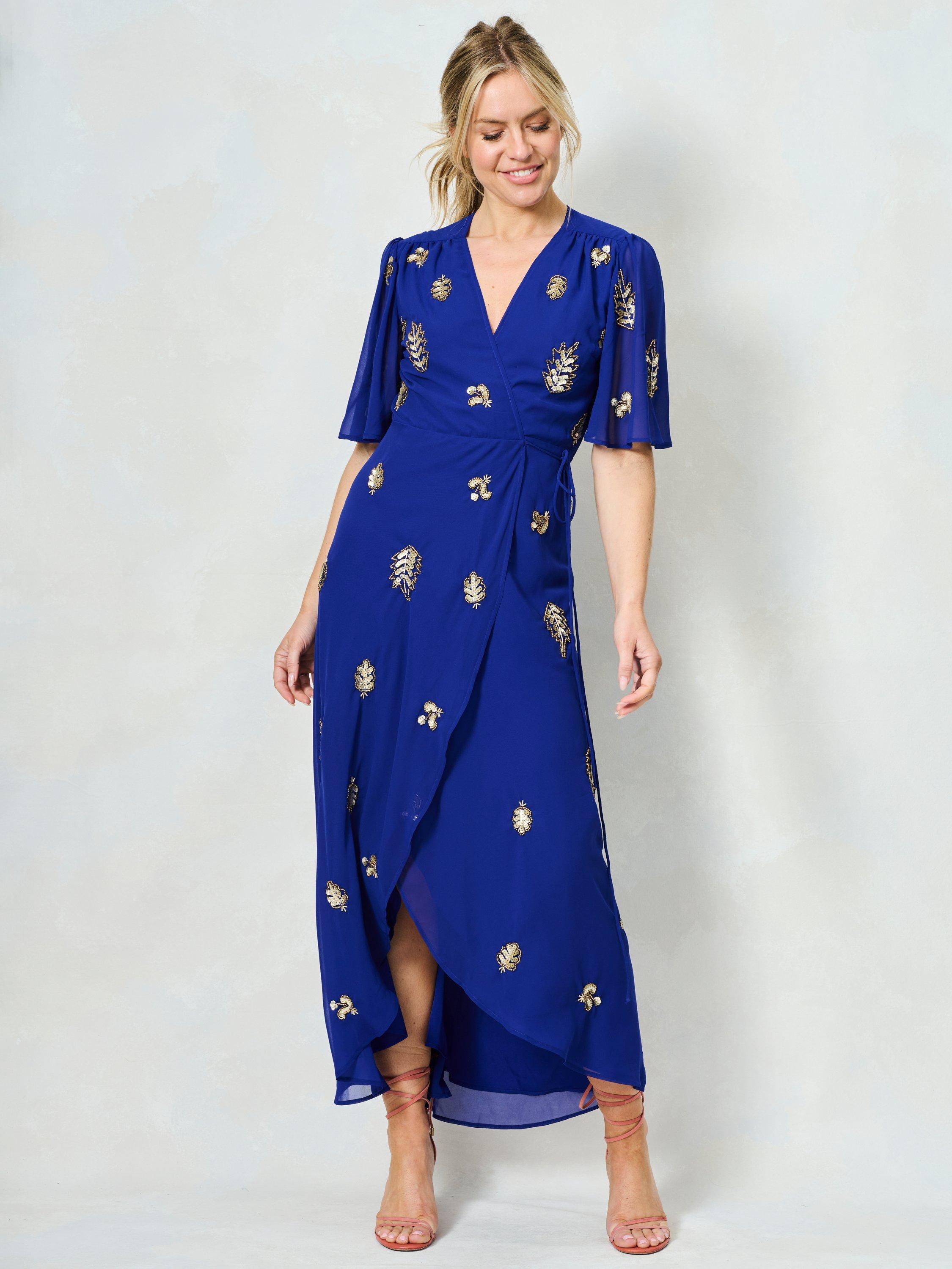 Product image 1 of 6, which shows Hope & Ivy The Marion Embellished Wrap Maxi Dress, Blue, 6