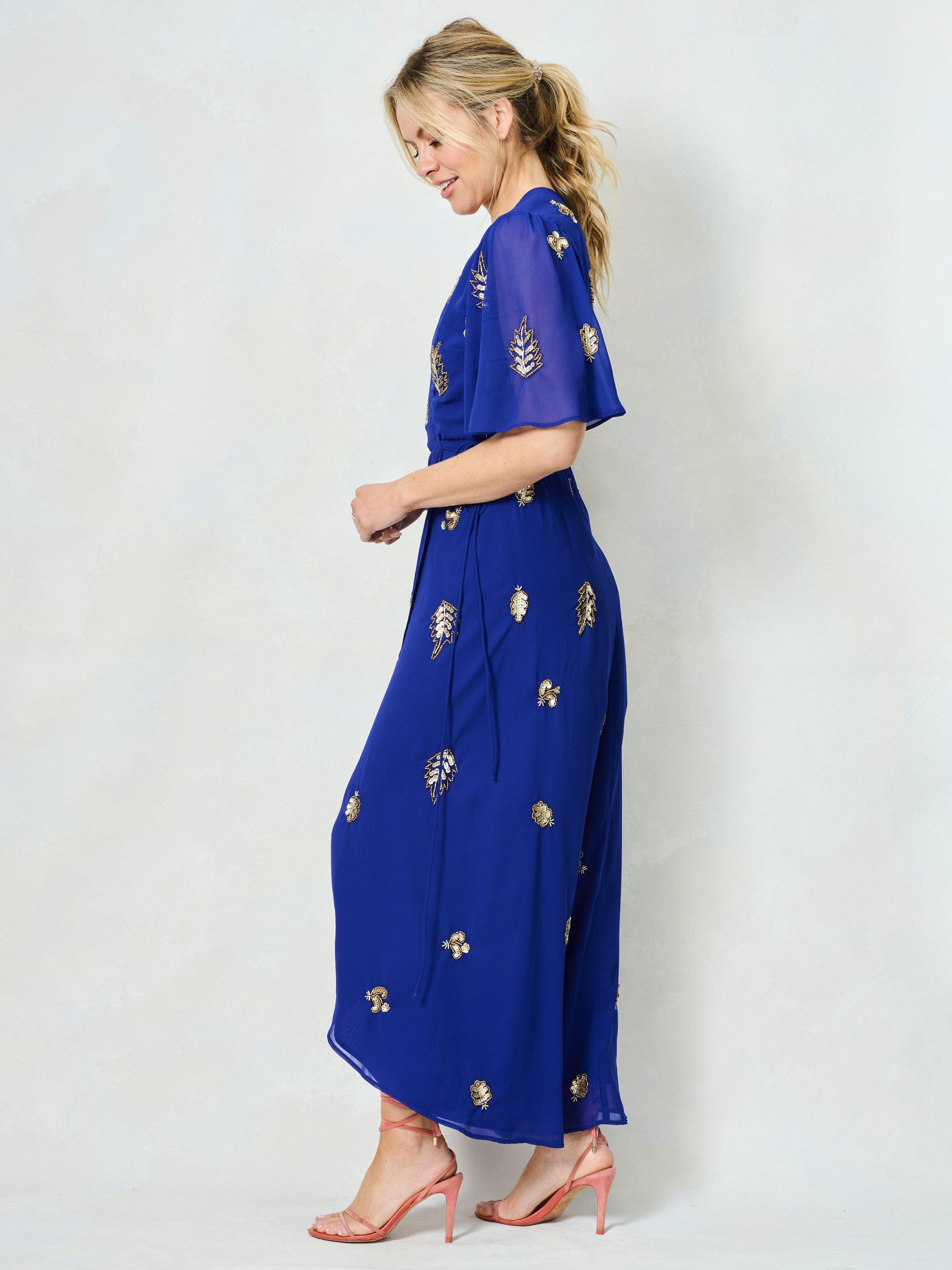 Product image 4 of 6, which shows Hope & Ivy The Marion Embellished Wrap Maxi Dress, Blue, 6
