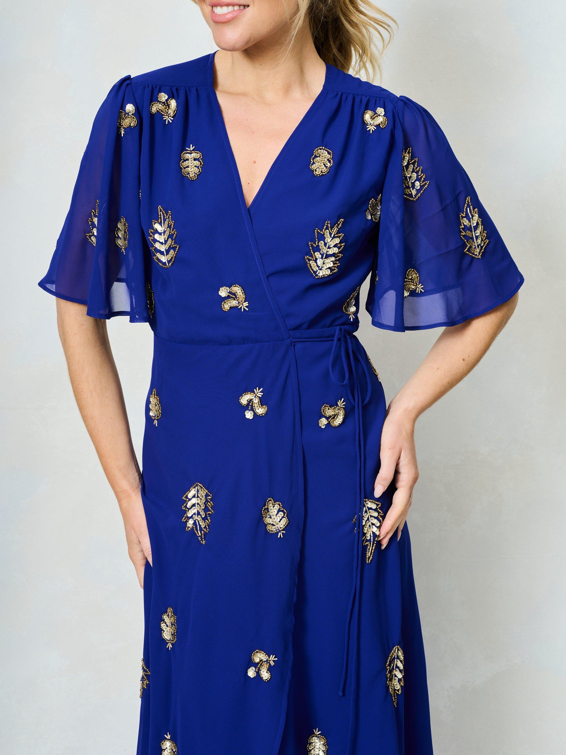 Product image 6 of 6, which shows Hope & Ivy The Marion Embellished Wrap Maxi Dress, Blue, 6