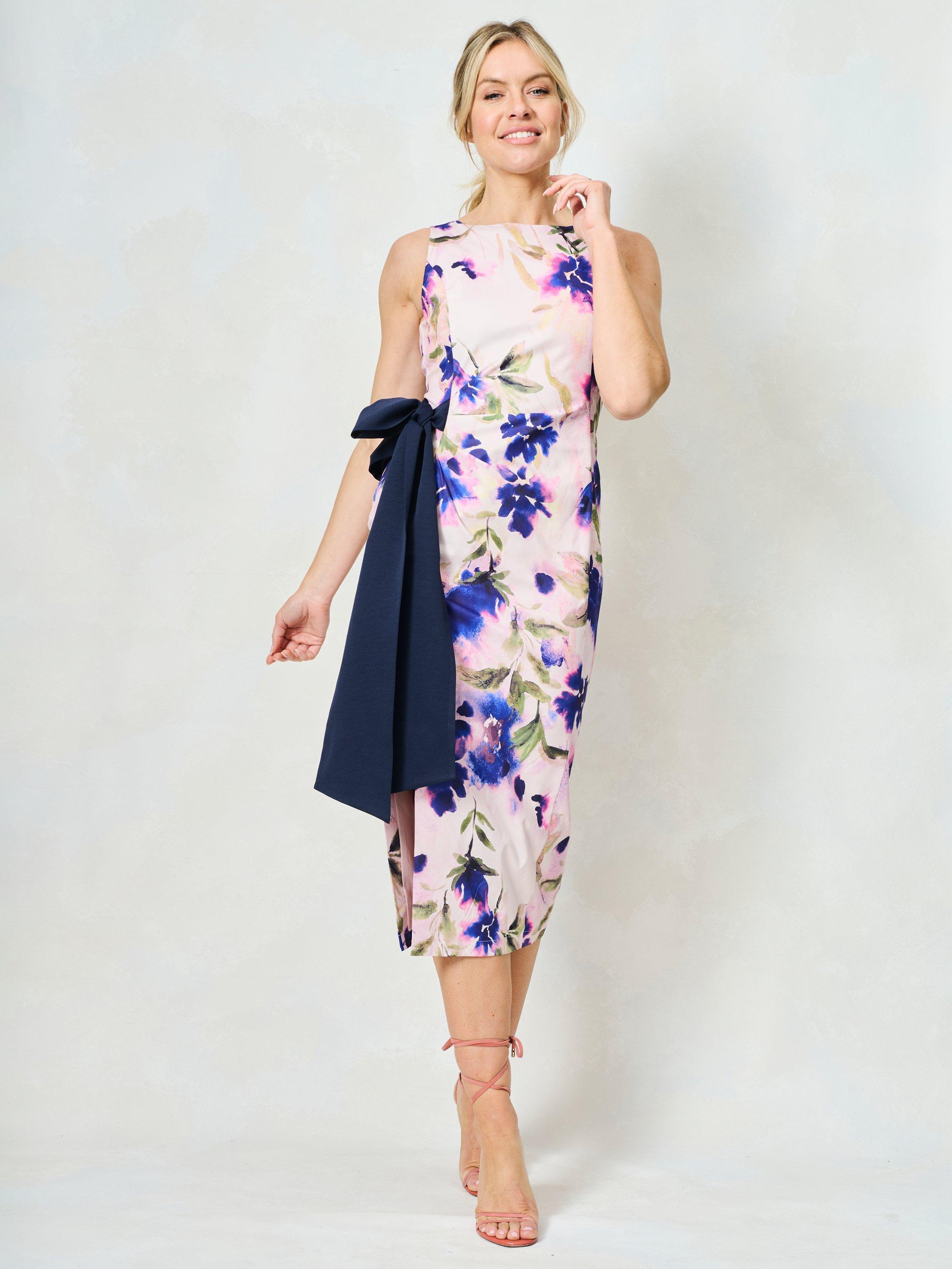 Product image 1 of 6, which shows Hope & Ivy The Rebecca Floral Bow Detail Midi Dress, Purple/Multi, 6